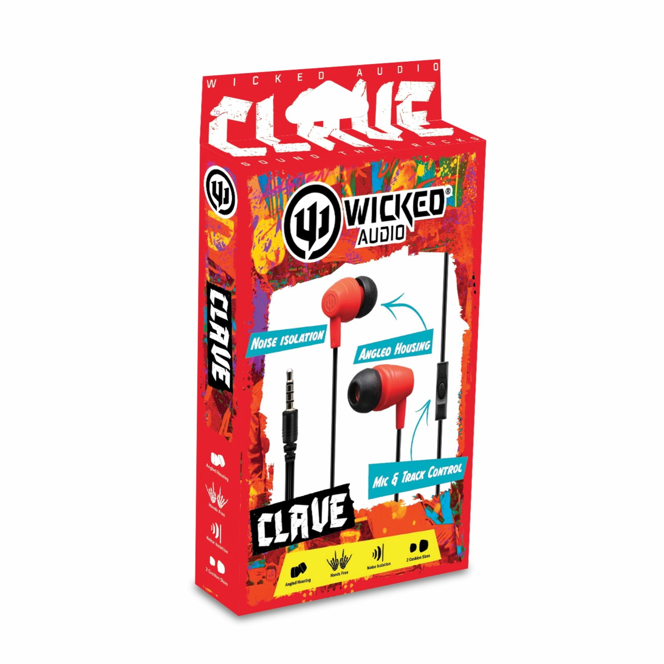 Wicked Audio Clave Wired Earbuds with 10mm Drivers, 4ft Cord, Additional Cushions, Mic & Track Control