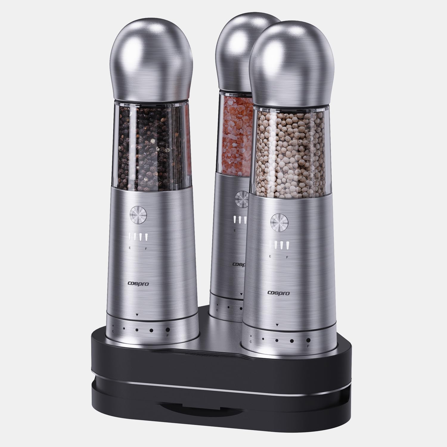 COSPRO Electric Salt and Pepper Grinder Set of 3 with Wireless Charging Base | Rechargeable Automatic Pepper Mill | Stainless Steel | One-Hand Use | Adjustable Coarseness | Easy Clean | Kitchen Gift