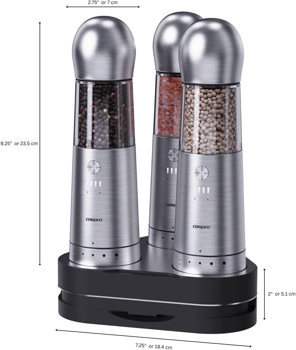COSPRO Electric Salt and Pepper Grinder Set of 3 with Wireless Charging Base | Rechargeable Automatic Pepper Mill | Stainless Steel | One-Hand Use | Adjustable Coarseness | Easy Clean | Kitchen Gift