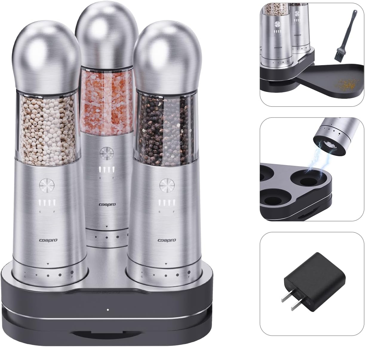 COSPRO Electric Salt and Pepper Grinder Set of 3 with Wireless Charging Base | Rechargeable Automatic Pepper Mill | Stainless Steel | One-Hand Use | Adjustable Coarseness | Easy Clean | Kitchen Gift