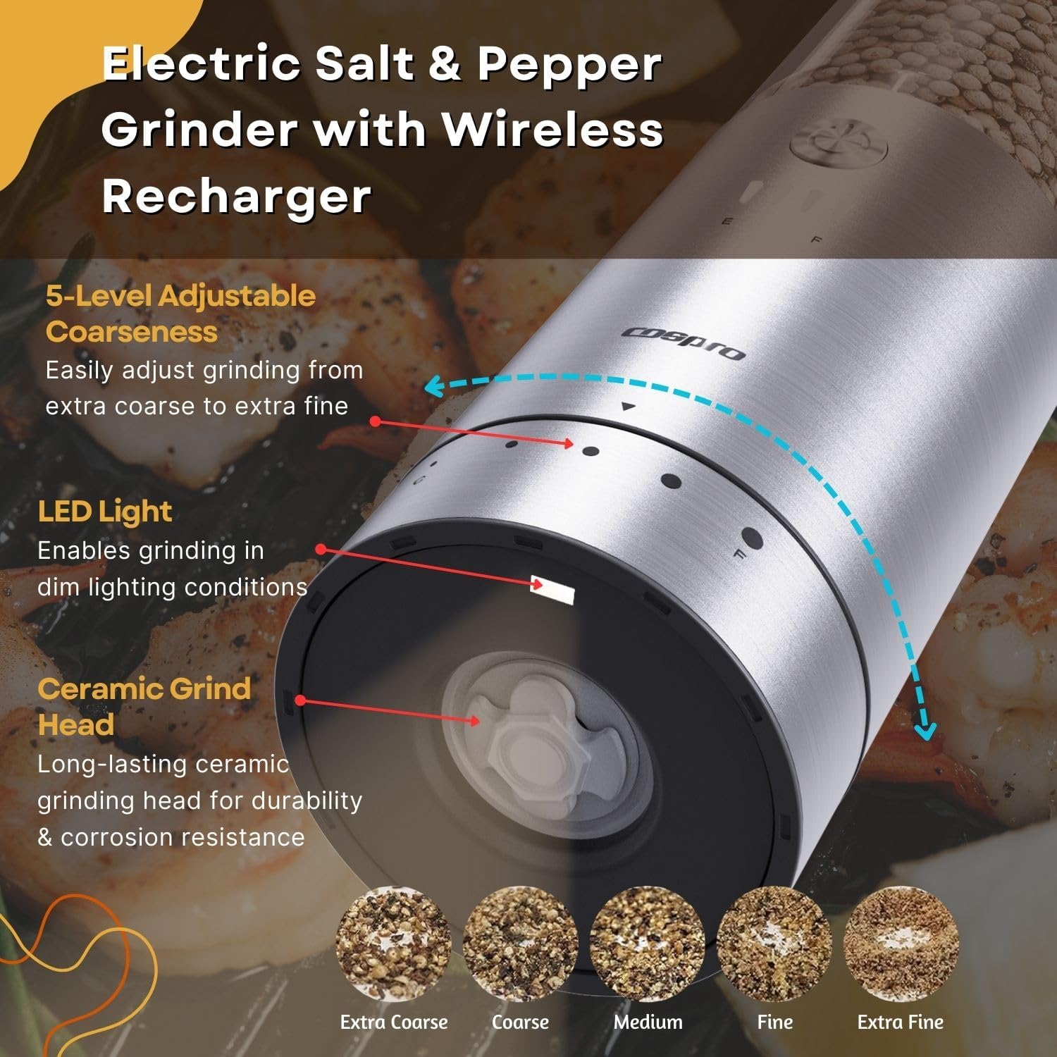 COSPRO Electric Salt and Pepper Grinder Set of 3 with Wireless Charging Base | Rechargeable Automatic Pepper Mill | Stainless Steel | One-Hand Use | Adjustable Coarseness | Easy Clean | Kitchen Gift
