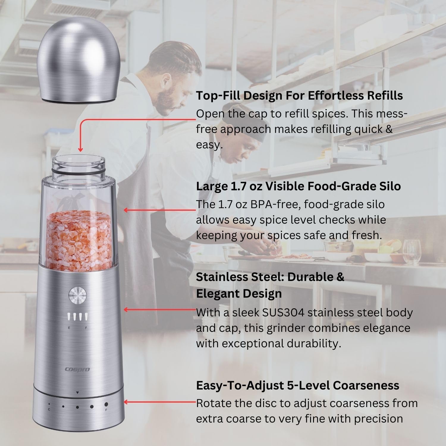 COSPRO Electric Salt and Pepper Grinder Set of 3 with Wireless Charging Base | Rechargeable Automatic Pepper Mill | Stainless Steel | One-Hand Use | Adjustable Coarseness | Easy Clean | Kitchen Gift