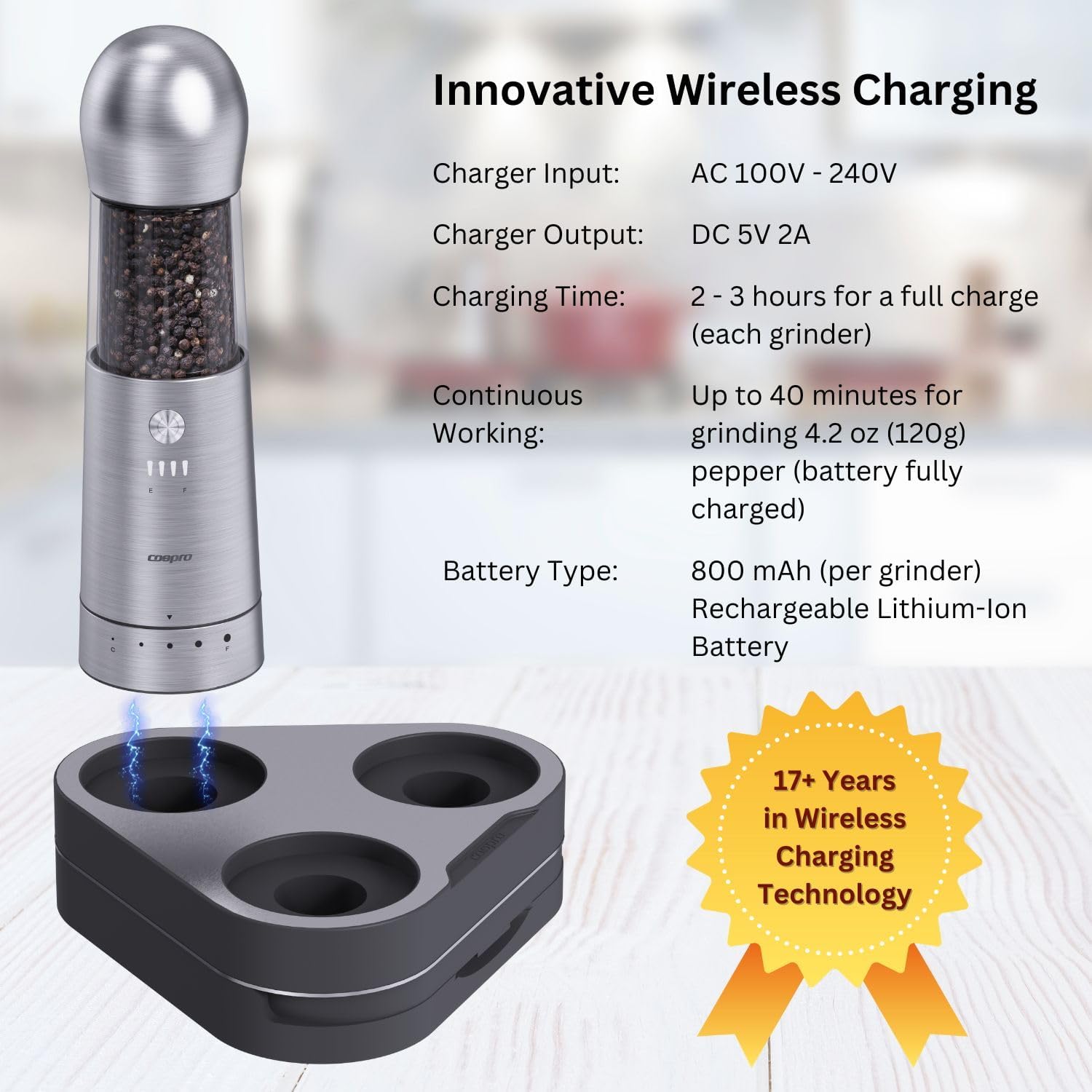 COSPRO Electric Salt and Pepper Grinder Set of 3 with Wireless Charging Base | Rechargeable Automatic Pepper Mill | Stainless Steel | One-Hand Use | Adjustable Coarseness | Easy Clean | Kitchen Gift