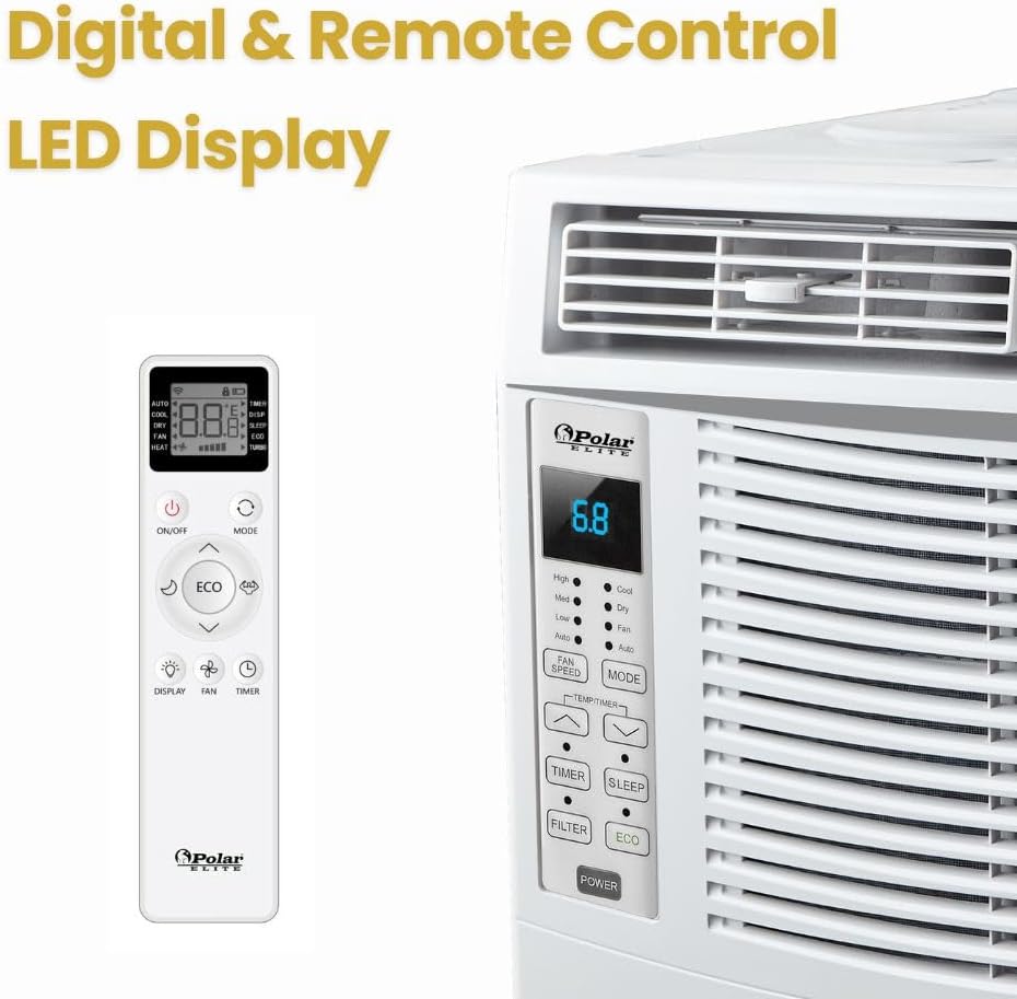 6,000 BTU Window Air Conditioner, Cools Up to 250 Sq. Ft., Quiet Operation, Cool/Fan/Dry Modes, Digital Display, Remote Control, Easy Install