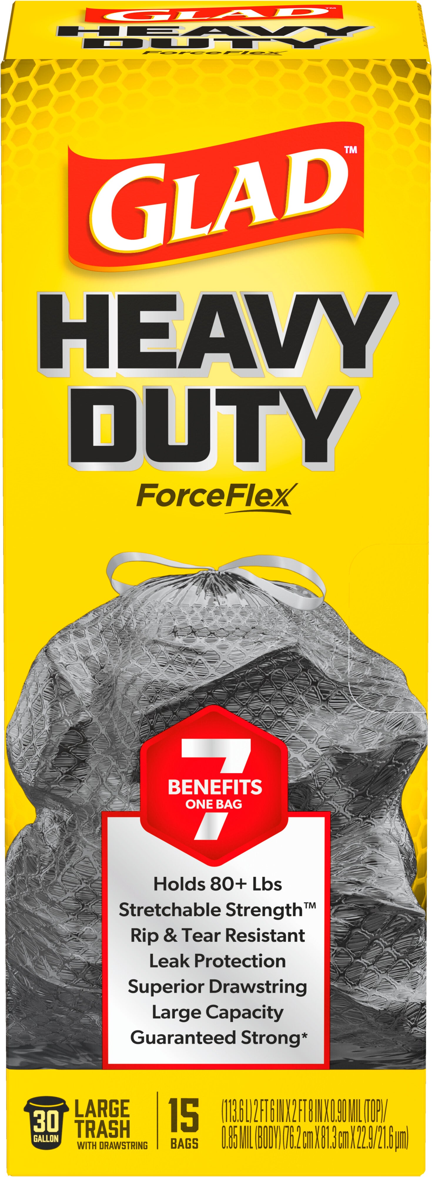 Glad ForceFlex Heavy Duty Large Trash Bags, 30 Gallon Holds 80+ lb., 6 Packs of 15 (90 total bags)