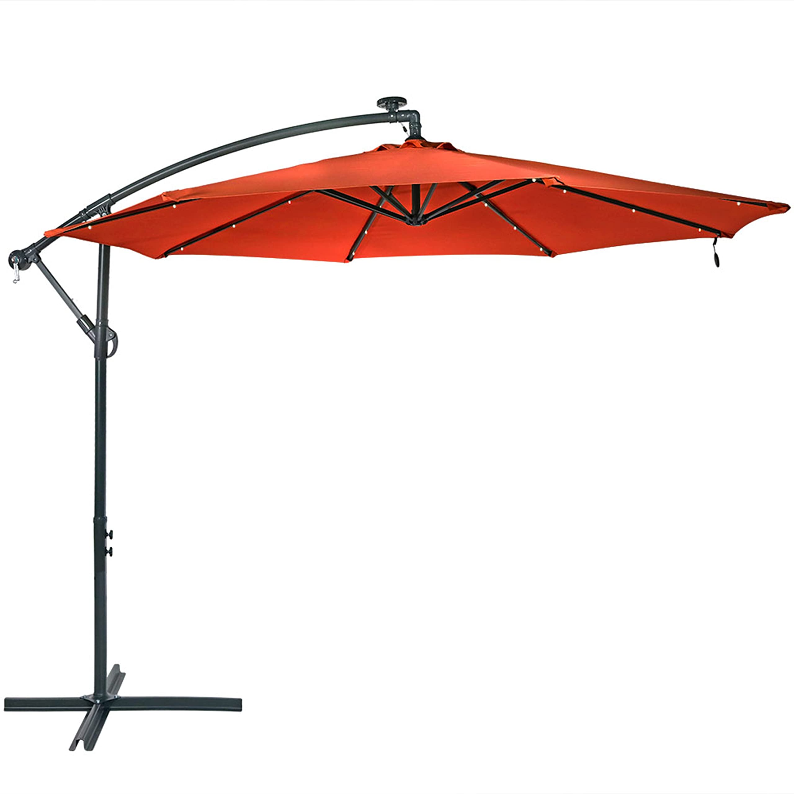 Sunnydaze 10' Solar Offset Patio Umbrella - Solar Cantilever Umbrella Outdoor with LED Lights - Polyester Shade, Air Vent, & Cross Base Burnt Orange