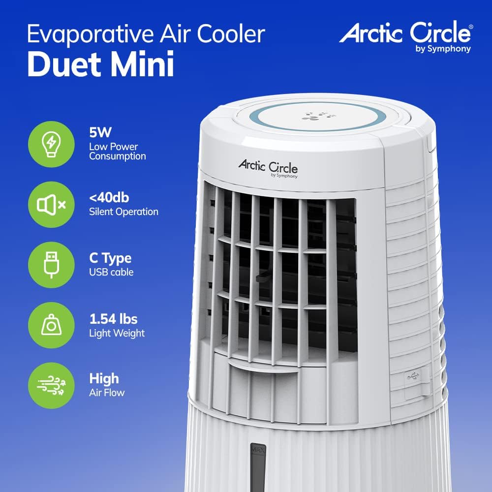 Artic Circle USB Powered Mini Evaporative Air Cooler for Bedroom, Office, Camping, RV with 3 Speeds, LED Touch Panel