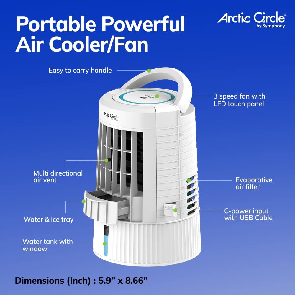 Artic Circle USB Powered Mini Evaporative Air Cooler for Bedroom, Office, Camping, RV with 3 Speeds, LED Touch Panel