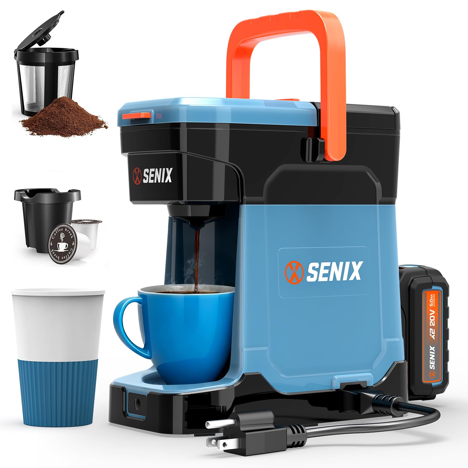 SENIX Single Serve Coffee Maker, Plug-in & Battery Coffee Machine, 8oz, Compatible with K-Cup, Grounds, Pods for Travel, Camping, Outdoor, Home, Job Sites Includes Battery & Charger