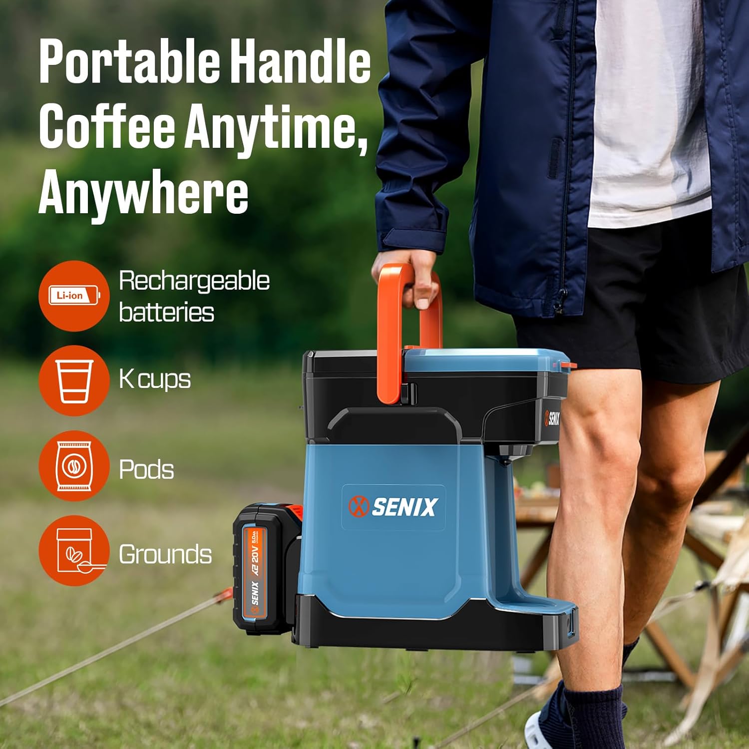 SENIX Single Serve Coffee Maker, Plug-in & Battery Coffee Machine, 8oz, Compatible with K-Cup, Grounds, Pods for Travel, Camping, Outdoor, Home, Job Sites Includes Battery & Charger