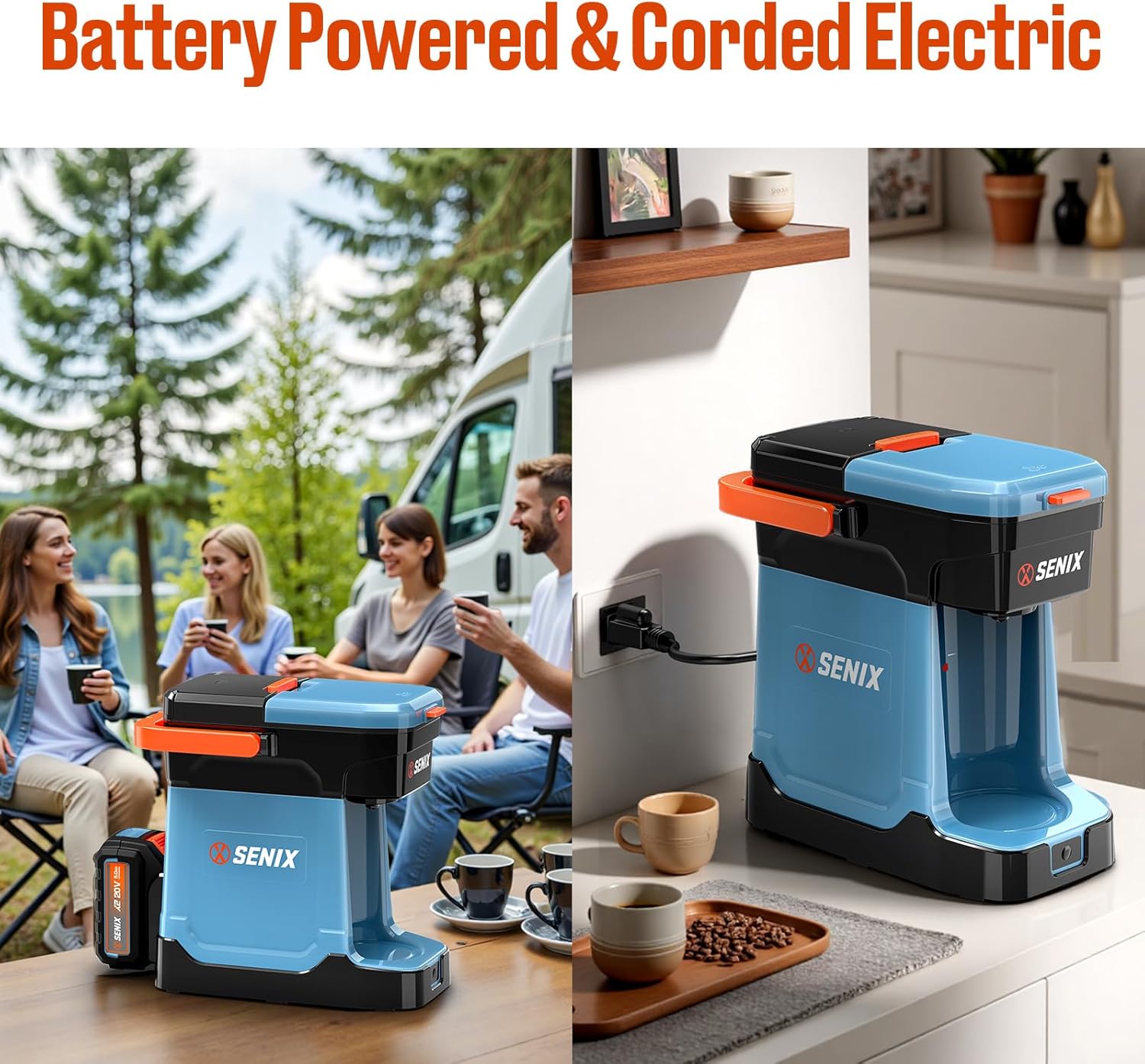 SENIX Single Serve Coffee Maker, Plug-in & Battery Coffee Machine, 8oz, Compatible with K-Cup, Grounds, Pods for Travel, Camping, Outdoor, Home, Job Sites Includes Battery & Charger