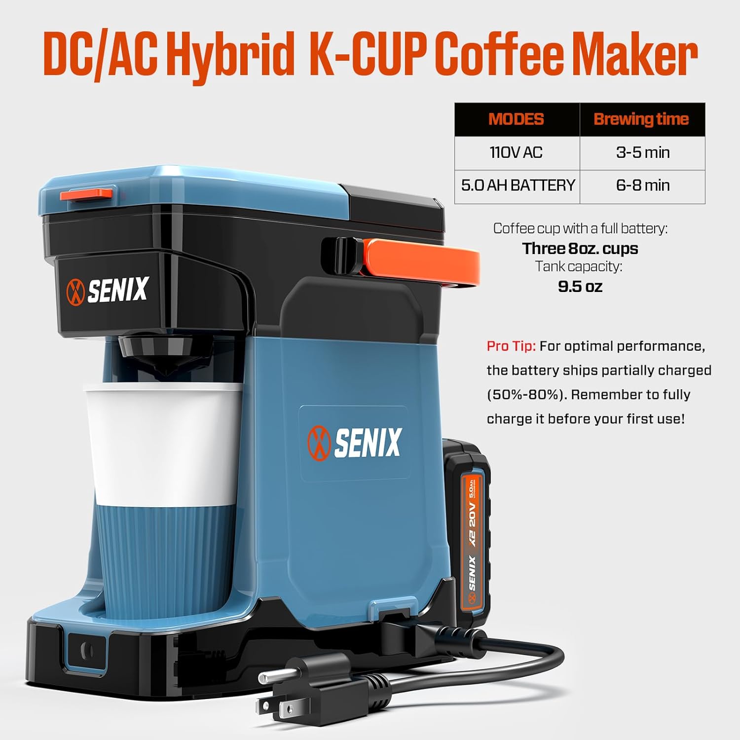 SENIX Single Serve Coffee Maker, Plug-in & Battery Coffee Machine, 8oz, Compatible with K-Cup, Grounds, Pods for Travel, Camping, Outdoor, Home, Job Sites Includes Battery & Charger