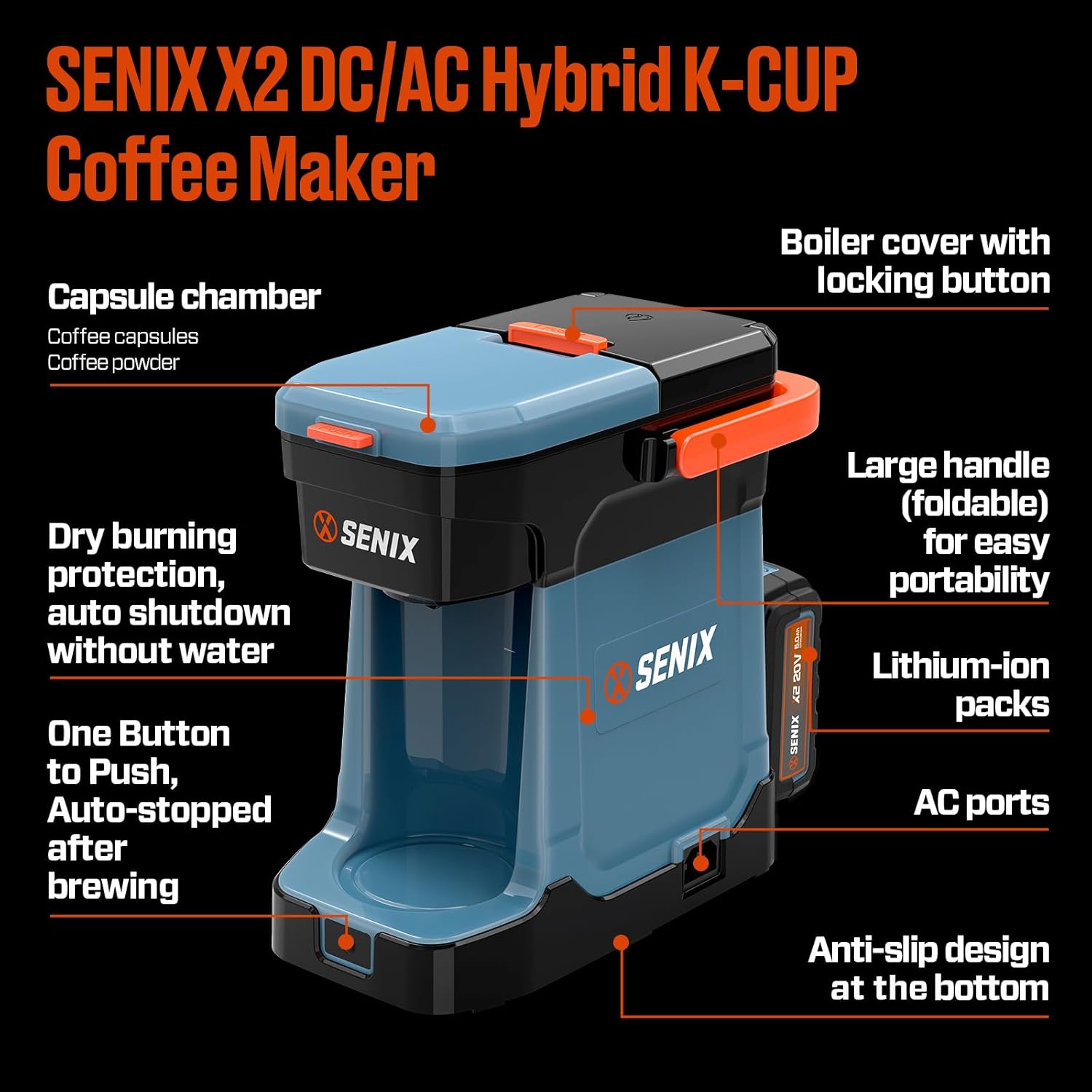 SENIX Single Serve Coffee Maker, Plug-in & Battery Coffee Machine, 8oz, Compatible with K-Cup, Grounds, Pods for Travel, Camping, Outdoor, Home, Job Sites Includes Battery & Charger