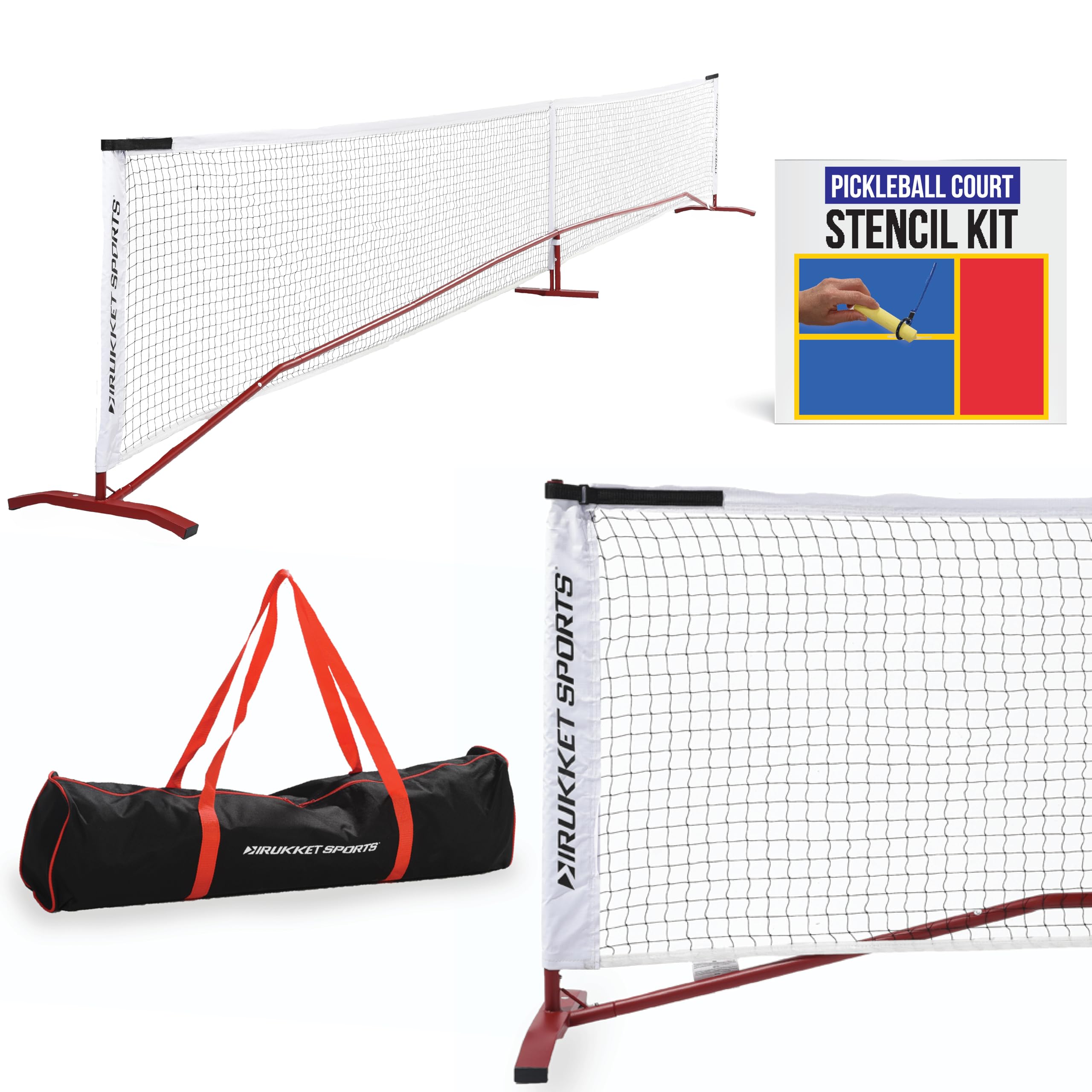 Rukket Sports Portable Pickleball Net for Outdoor and Indoor Use, Regulation Size 22 Foot Net with Steel Frame, PE Netting, Carry Bag, and Court Marking Kit