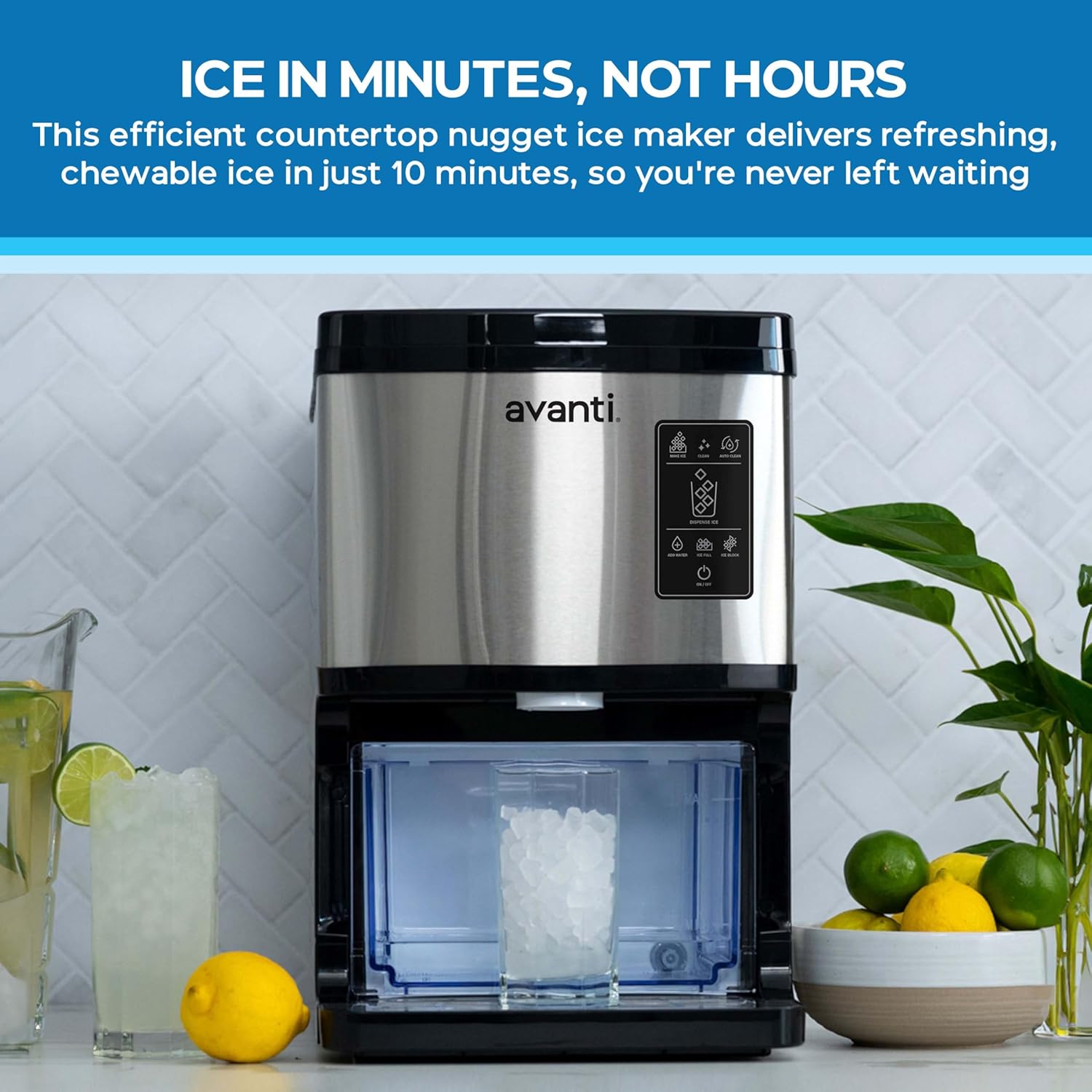 Avanti Nugget Ice Maker with Digital Controls and Dispenser Countertop Use Self-Cleaning Makes 33lbs of Chewable Ice Per Day, Includes Ice Bin, 195-Watts, Stainless Steel 195 Watt Digital