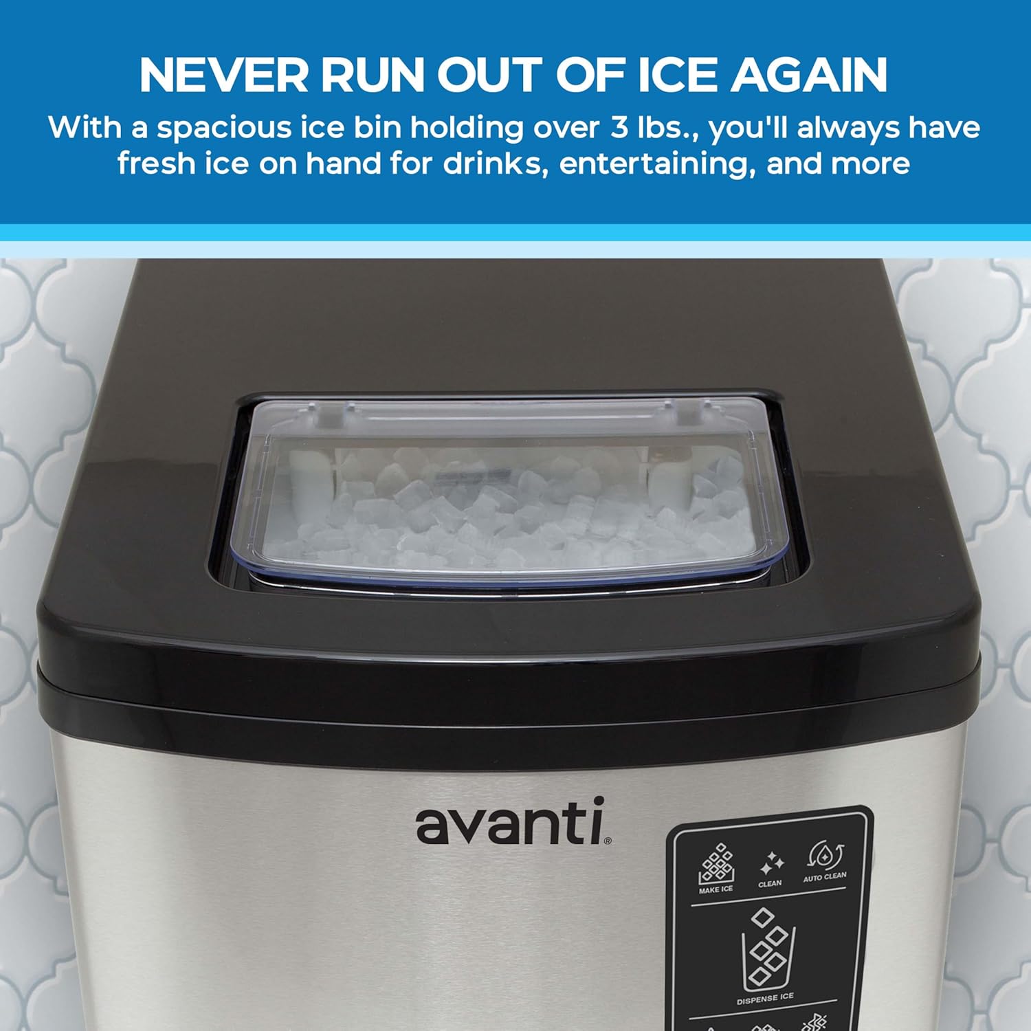 Avanti Nugget Ice Maker with Digital Controls and Dispenser Countertop Use Self-Cleaning Makes 33lbs of Chewable Ice Per Day, Includes Ice Bin, 195-Watts, Stainless Steel 195 Watt Digital