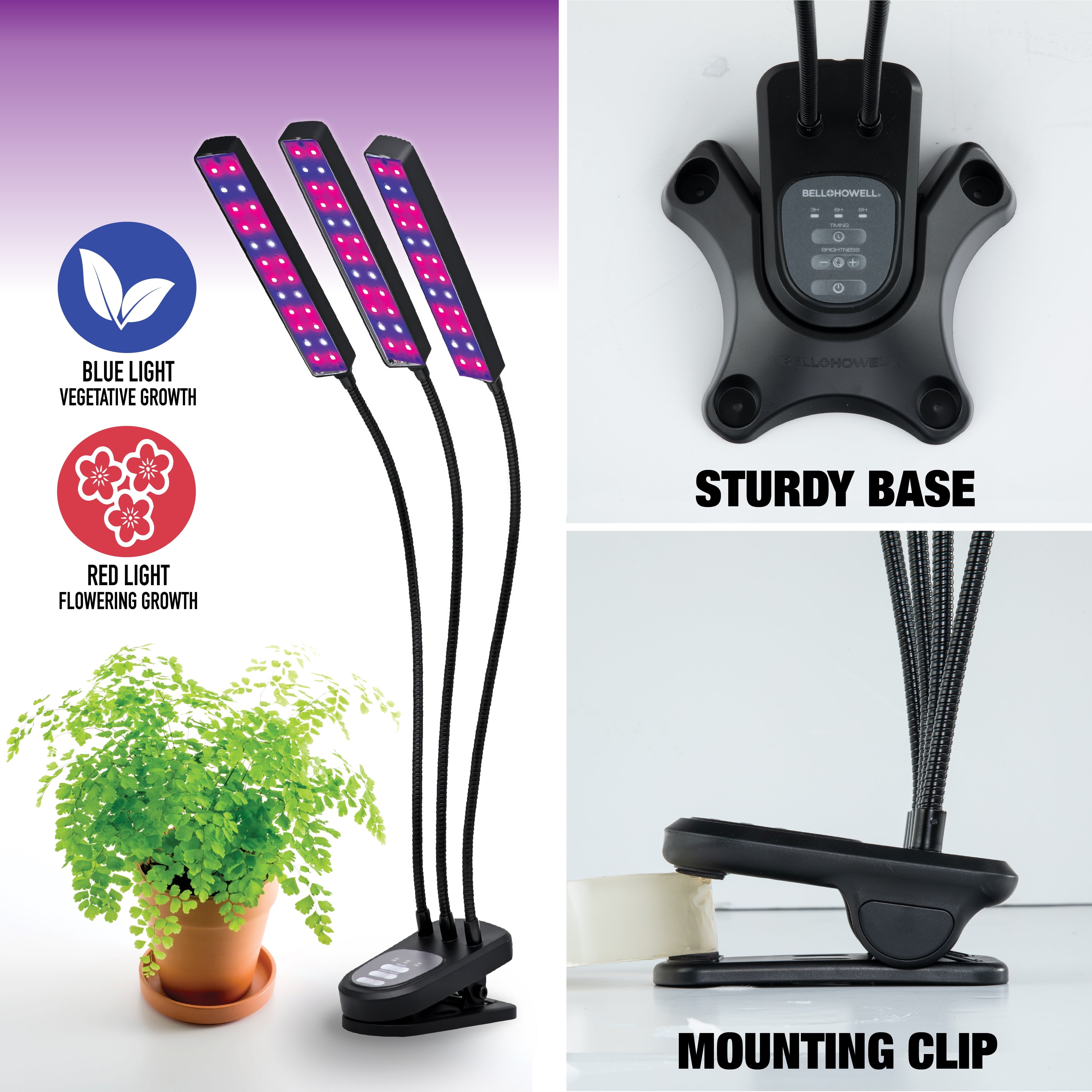 Bell+Howell Bionic Grow Light for Indoor Plants, 3 Heads Flexible Growing Lamp with 8 Brightness Settings, 3 Light Modes, 2 Pack