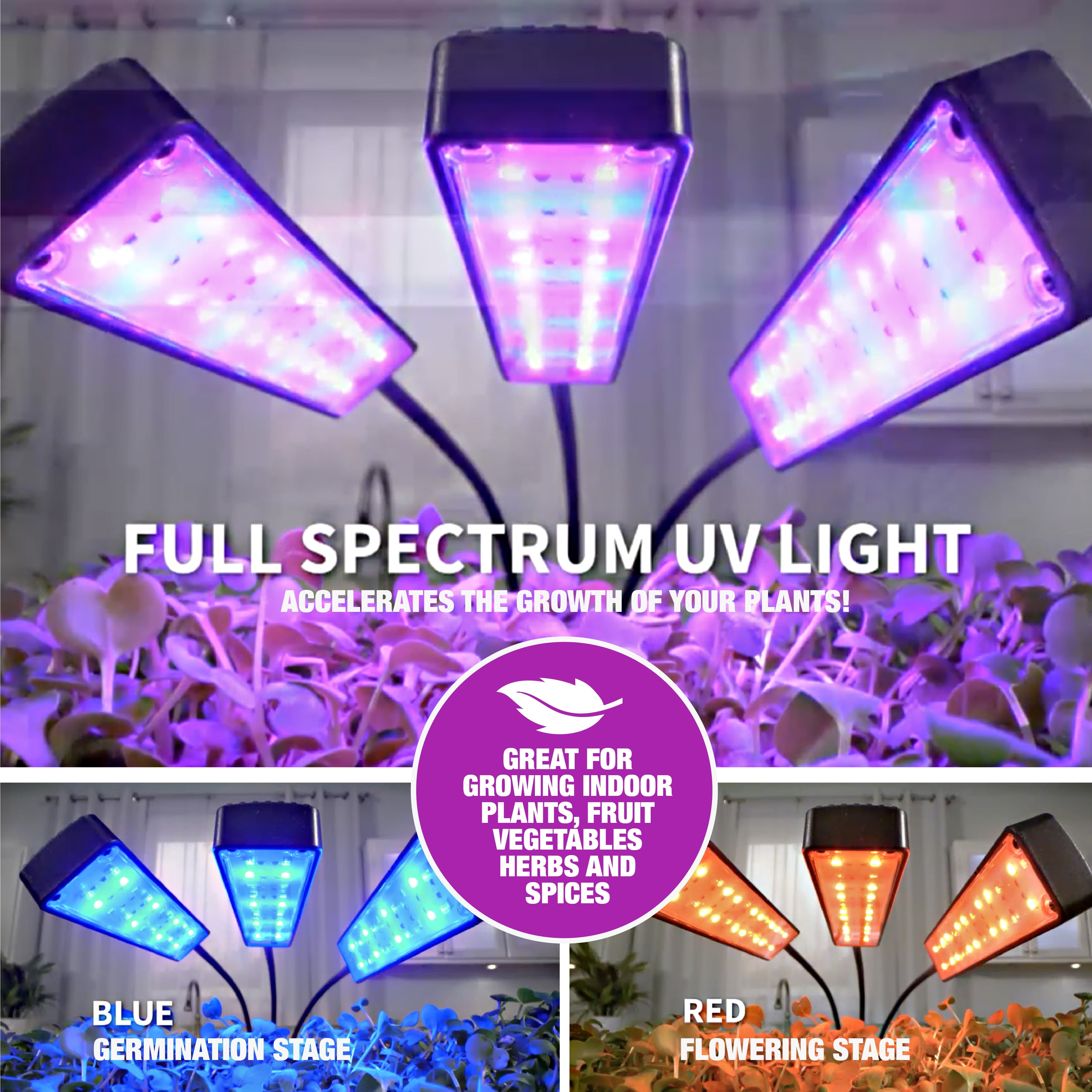 Bell+Howell Bionic Grow Light for Indoor Plants, 3 Heads Flexible Growing Lamp with 8 Brightness Settings, 3 Light Modes, 2 Pack