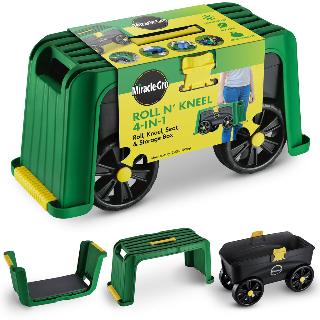Miracle-Gro 4-in-1 Garden Stool Multi-Use Garden Scooter with Seat Rolling Cart with Storage Bin Padded Kneeler and Tool storage - Accessible Gardening for All Ages + FREE Scotts Gardening Gloves