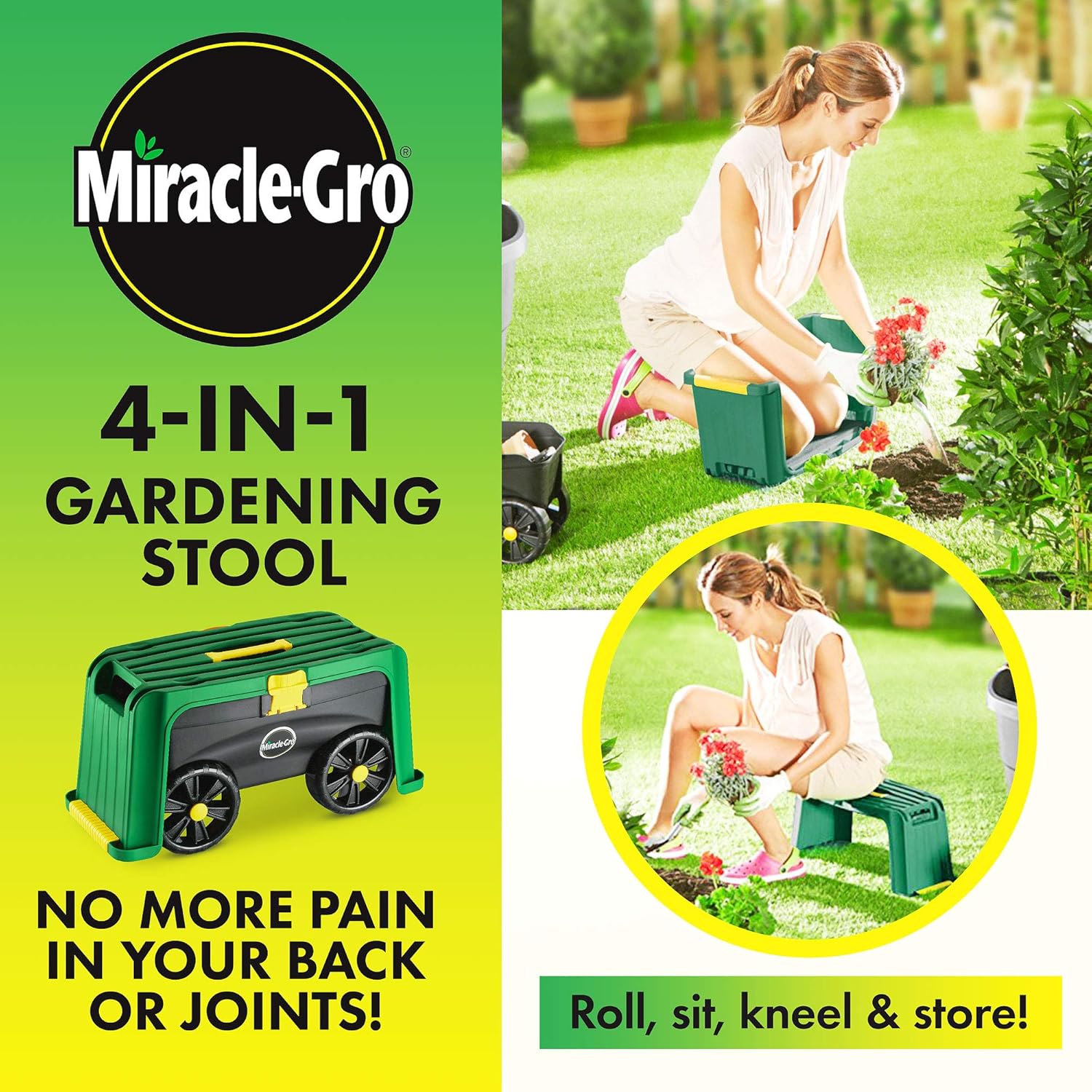 Miracle-Gro 4-in-1 Garden Stool Multi-Use Garden Scooter with Seat Rolling Cart with Storage Bin Padded Kneeler and Tool storage - Accessible Gardening for All Ages + FREE Scotts Gardening Gloves