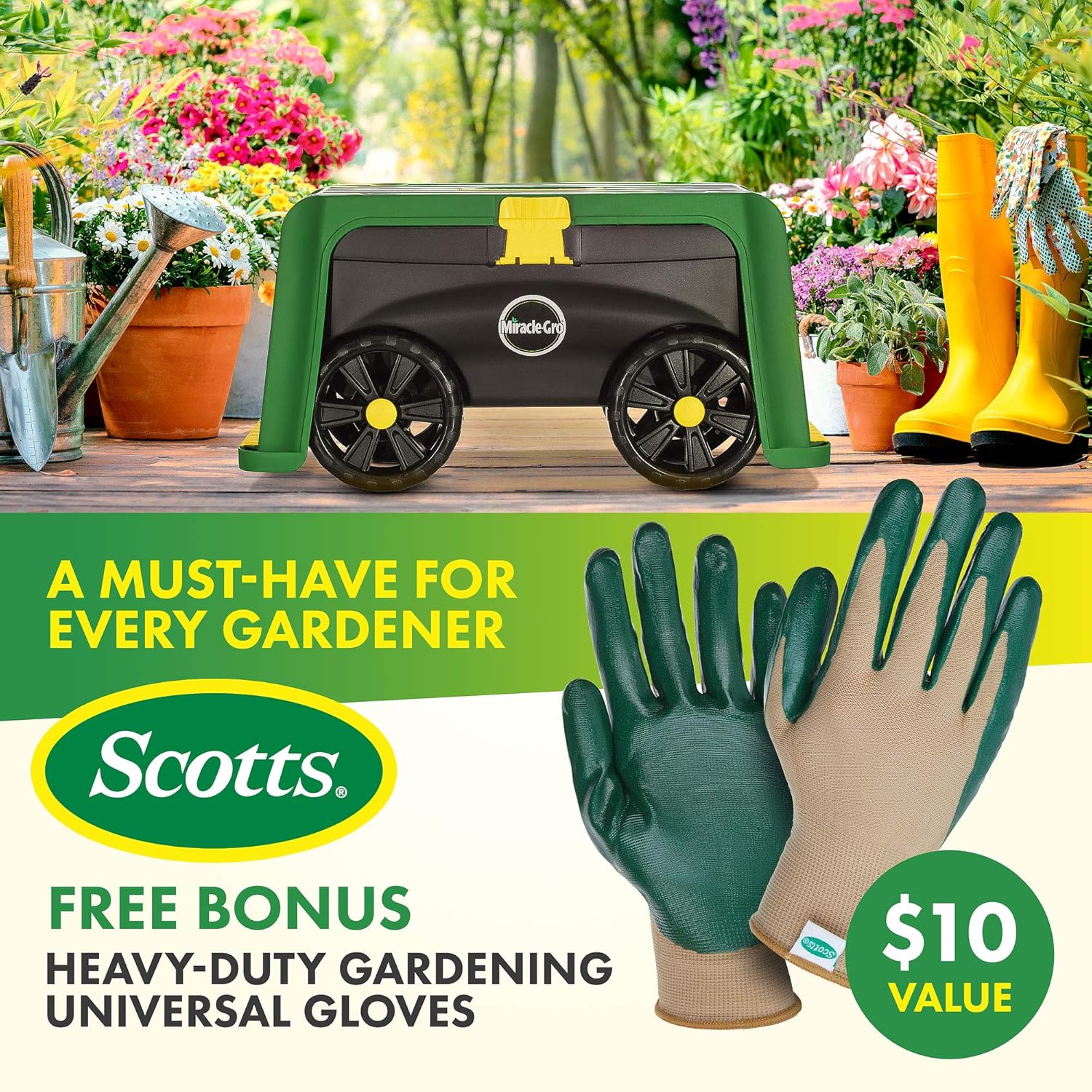 Miracle-Gro 4-in-1 Garden Stool Multi-Use Garden Scooter with Seat Rolling Cart with Storage Bin Padded Kneeler and Tool storage - Accessible Gardening for All Ages + FREE Scotts Gardening Gloves