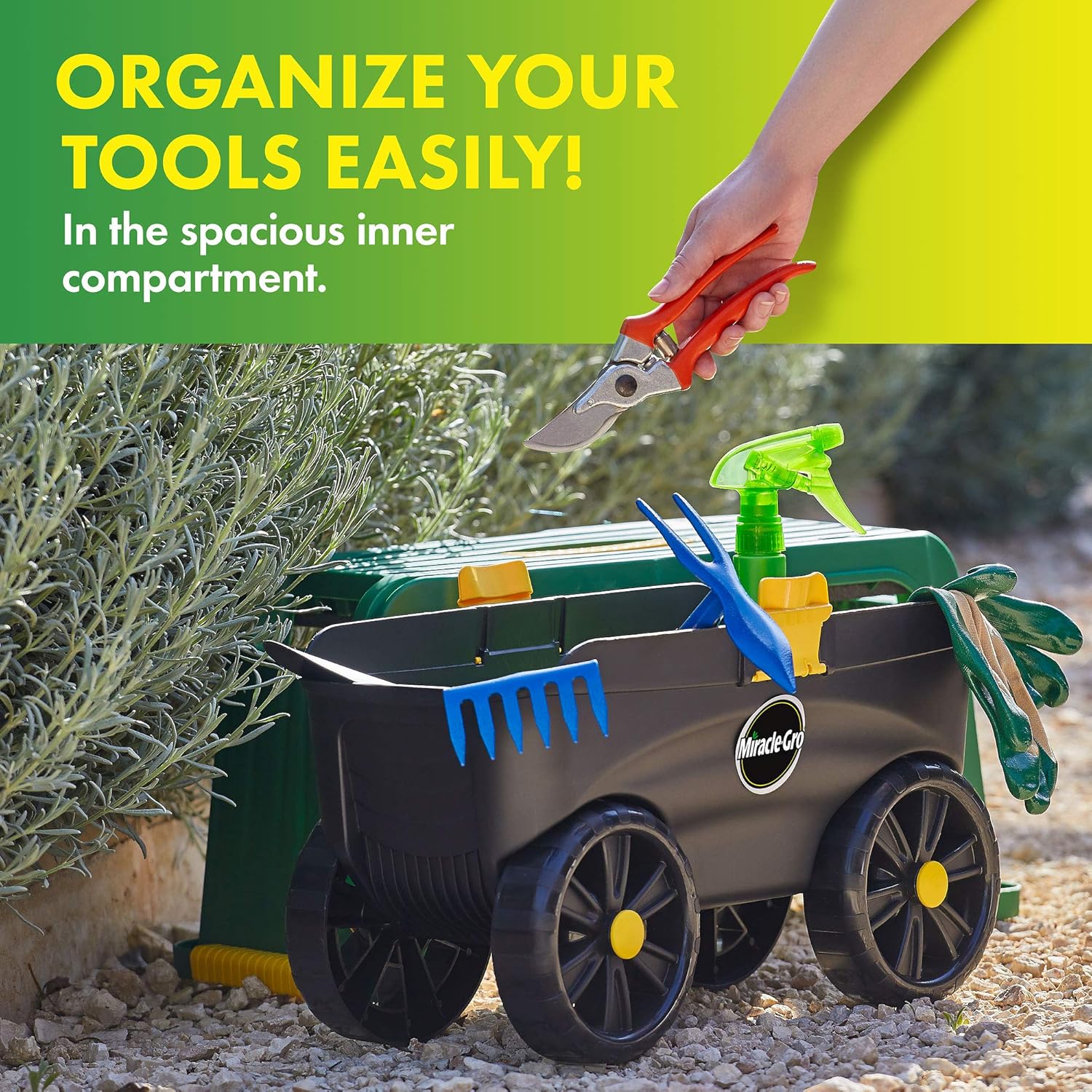 Miracle-Gro 4-in-1 Garden Stool Multi-Use Garden Scooter with Seat Rolling Cart with Storage Bin Padded Kneeler and Tool storage - Accessible Gardening for All Ages + FREE Scotts Gardening Gloves