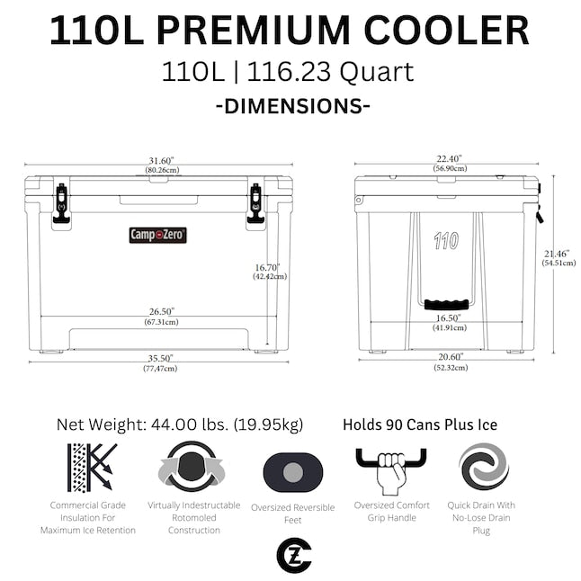 CAMP-ZERO 110 - 116.23 Qt. Premium Cooler with Molded-In Cup Holders