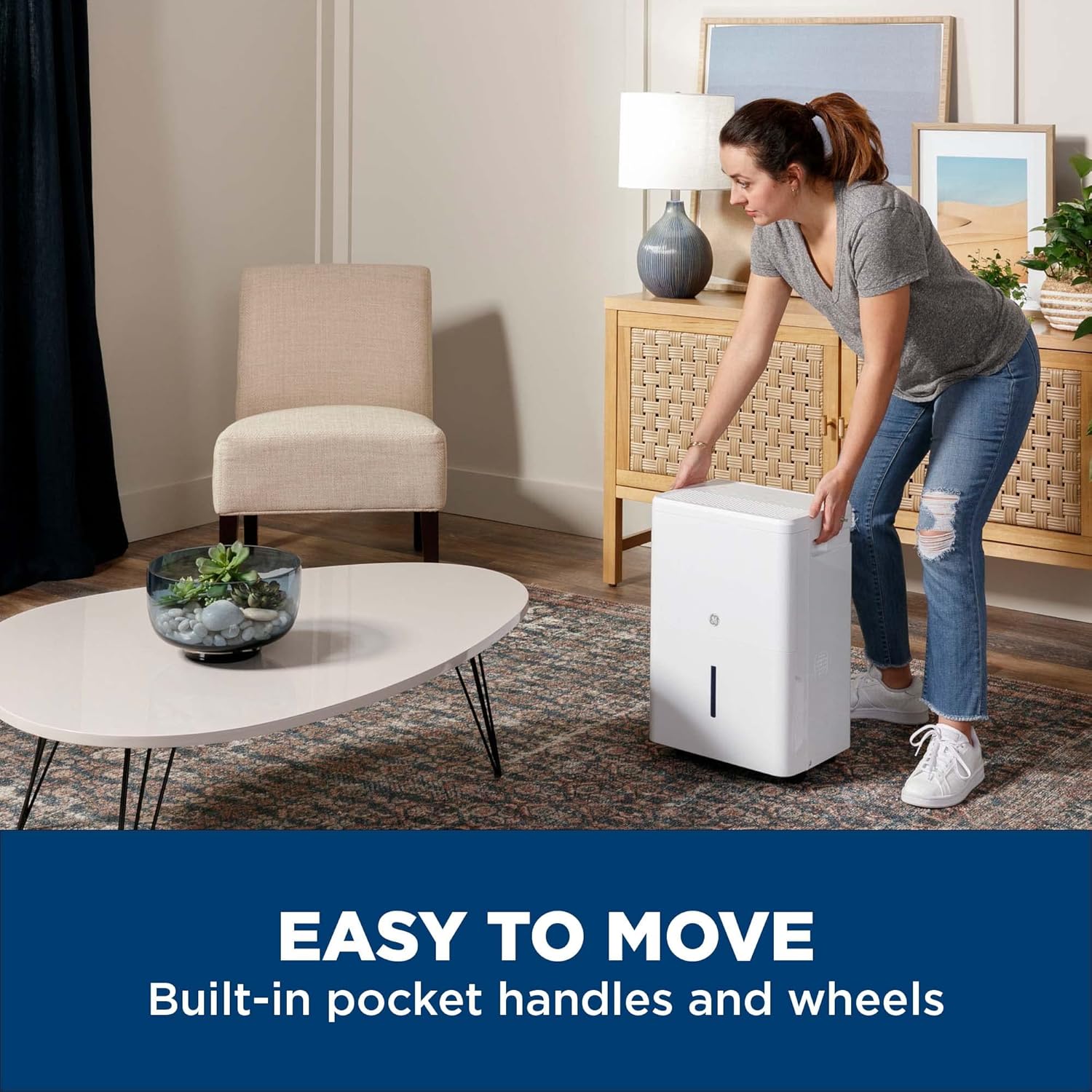 GE Portable Dehumidifier, 50 Pint Daily Output with Smart Dry for Wet Spaces, Drain Hose for Auto or Manual Drainage, Ultra Quiet, Perfect for Basement, Bedroom, Bathrooms, White (Refurbished)
