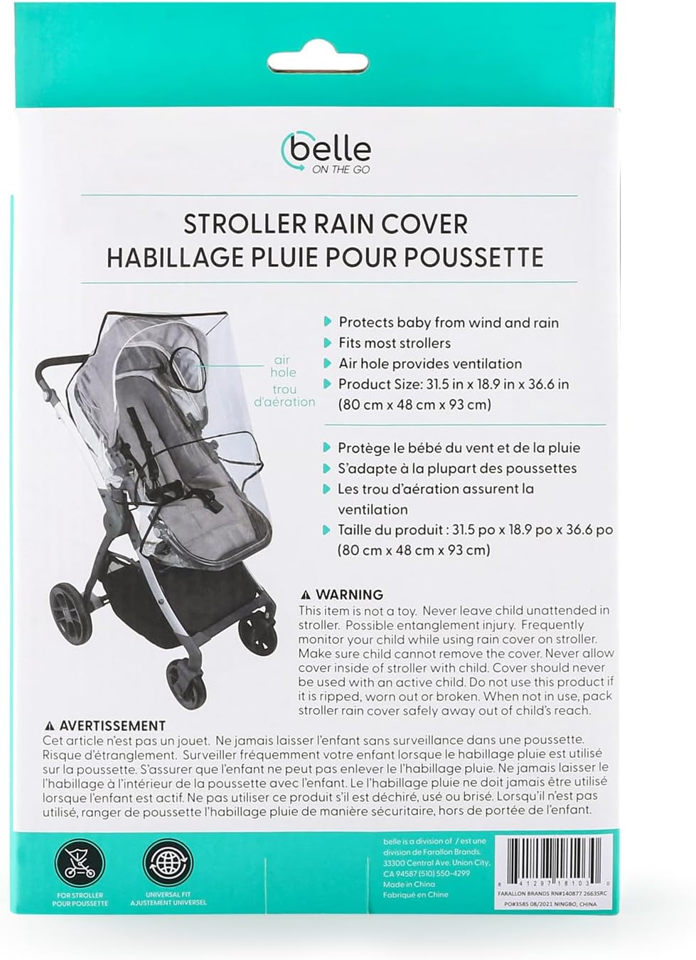 Belle Clear Stroller Rain Cover, Universal Travel Weather Shield