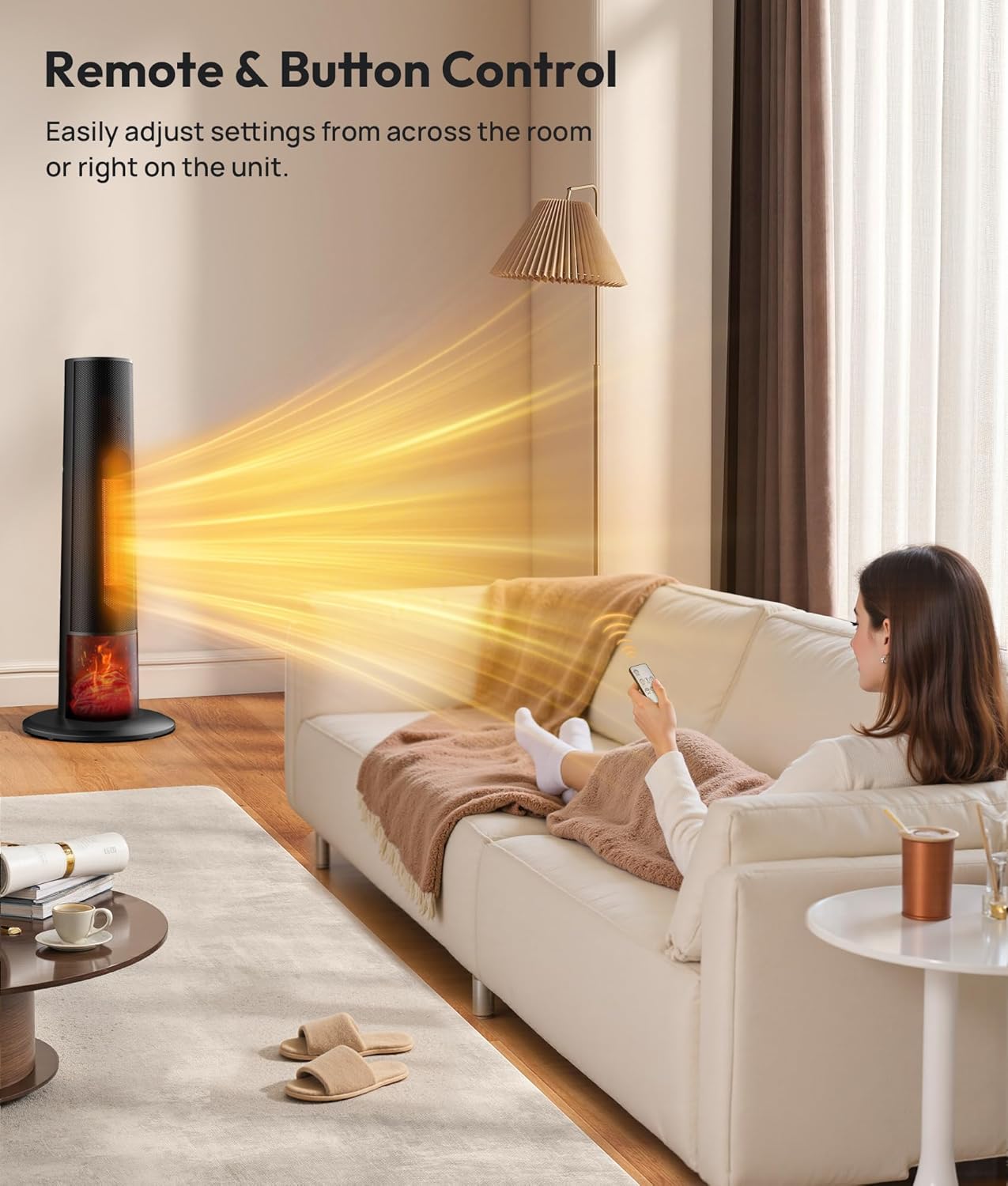 Tower space heater with fireplace - Electric Space Heater Large Room with 3D Flame, Portable Tower Space Heaters for Office, Bedroom, 2 Modes, Thermostat, Tip-over Protection, Oscillation Black