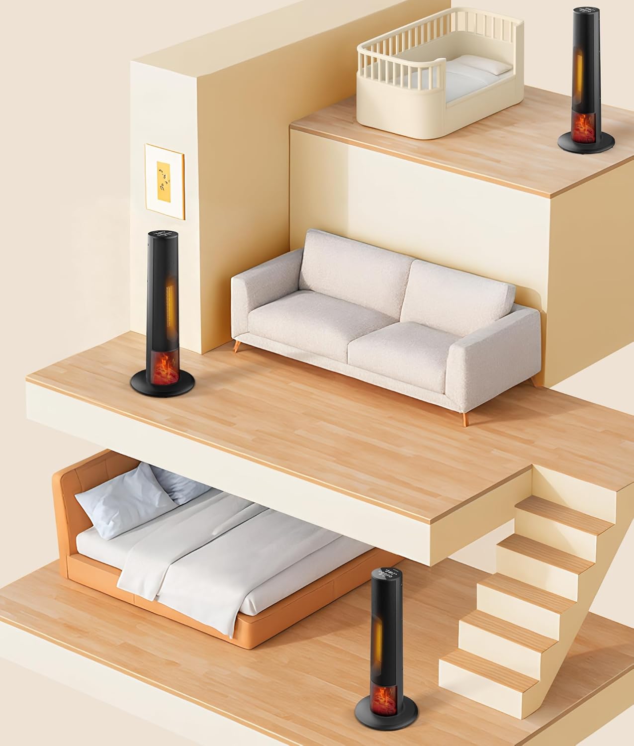 Tower space heater with fireplace - Electric Space Heater Large Room with 3D Flame, Portable Tower Space Heaters for Office, Bedroom, 2 Modes, Thermostat, Tip-over Protection, Oscillation Black