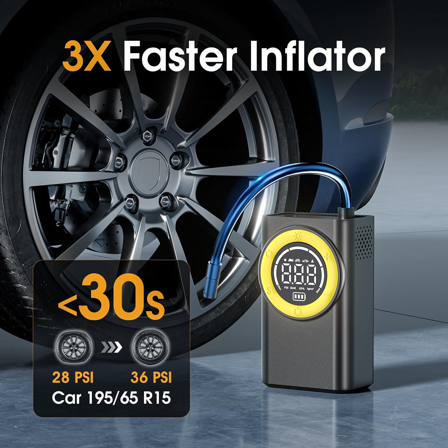 Tire Inflator Portable Air Compressor,150 PSI Cordless Air Pump for Car Tires with Digital Pressure Gauge & LED Light,5X Faster.