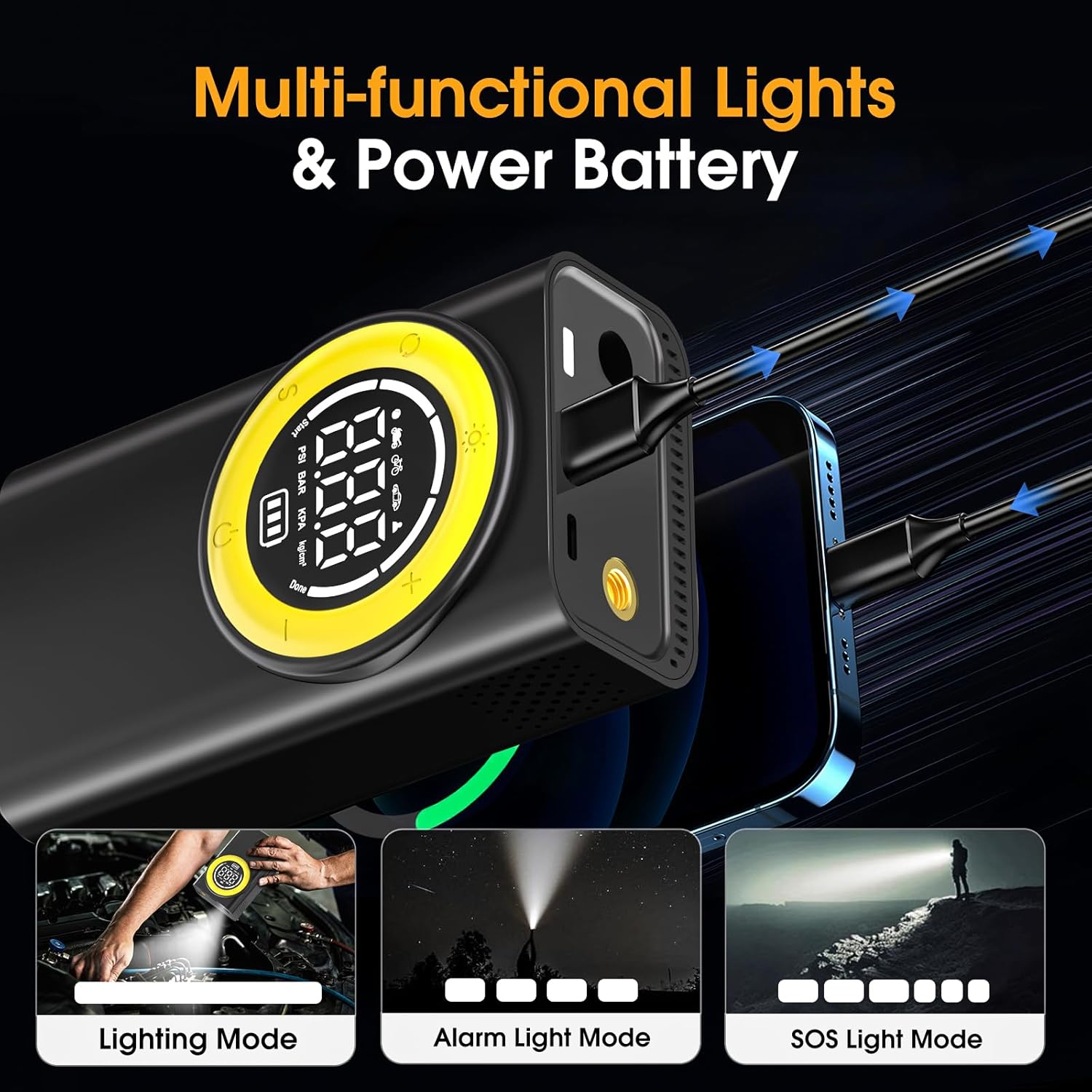 Tire Inflator Portable Air Compressor,150 PSI Cordless Air Pump for Car Tires with Digital Pressure Gauge & LED Light,5X Faster.