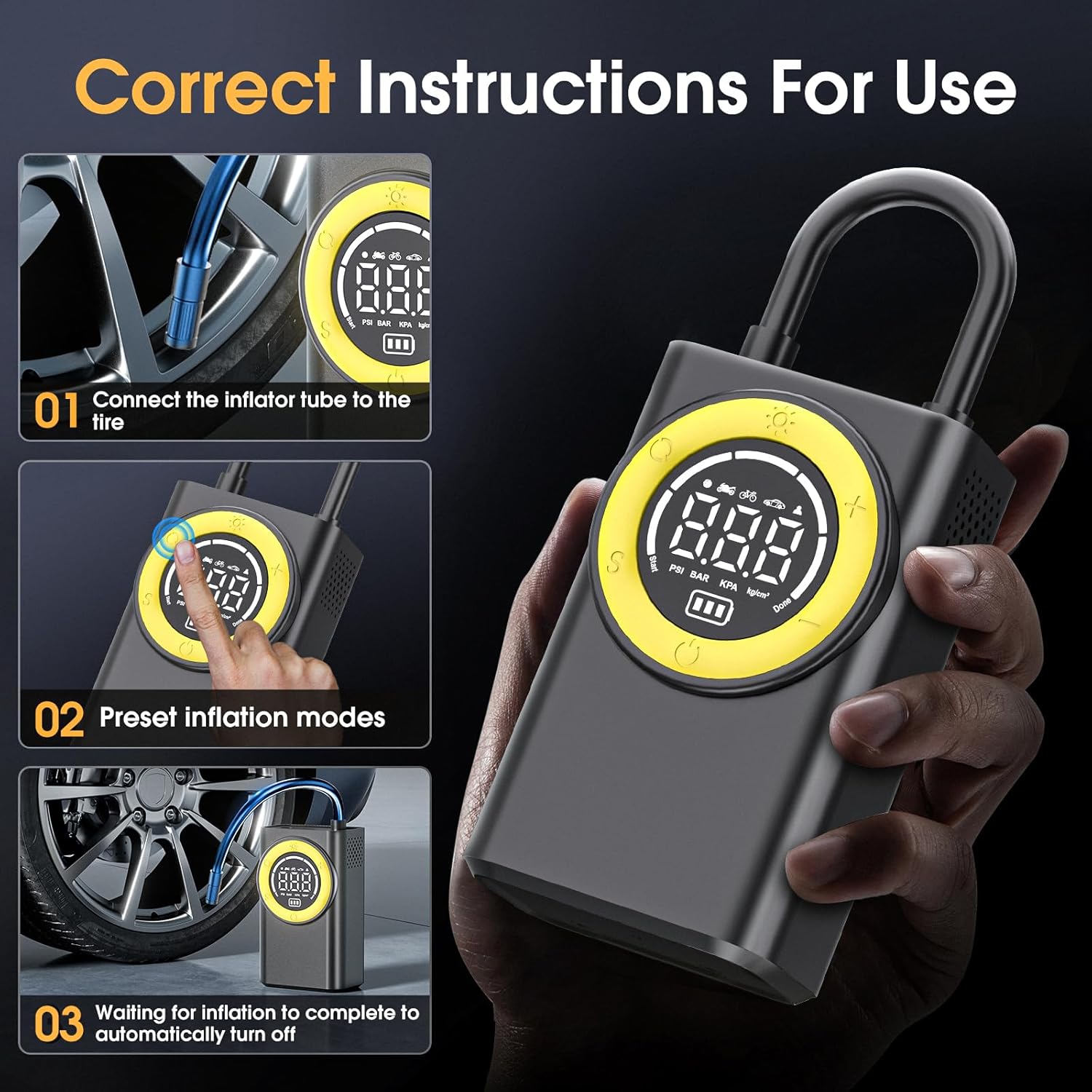 Tire Inflator Portable Air Compressor,150 PSI Cordless Air Pump for Car Tires with Digital Pressure Gauge & LED Light,5X Faster.