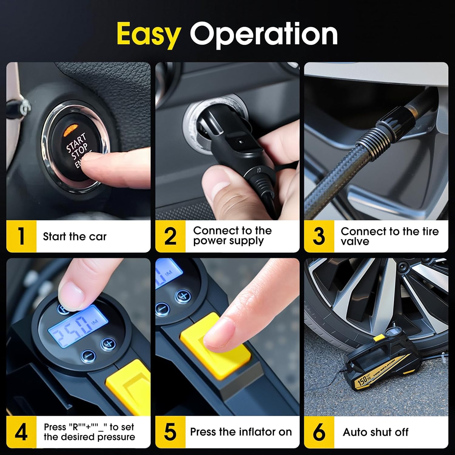 FLYKID Tyre Inflator Air Compressor 12V DC - Car Tyre Pump 150 PSI with 3 Nozzle Adaptors & LED Emergency Light for Cars, Bicycles & Sports Equipment Preset Tire Pressure & Auto Shutoff