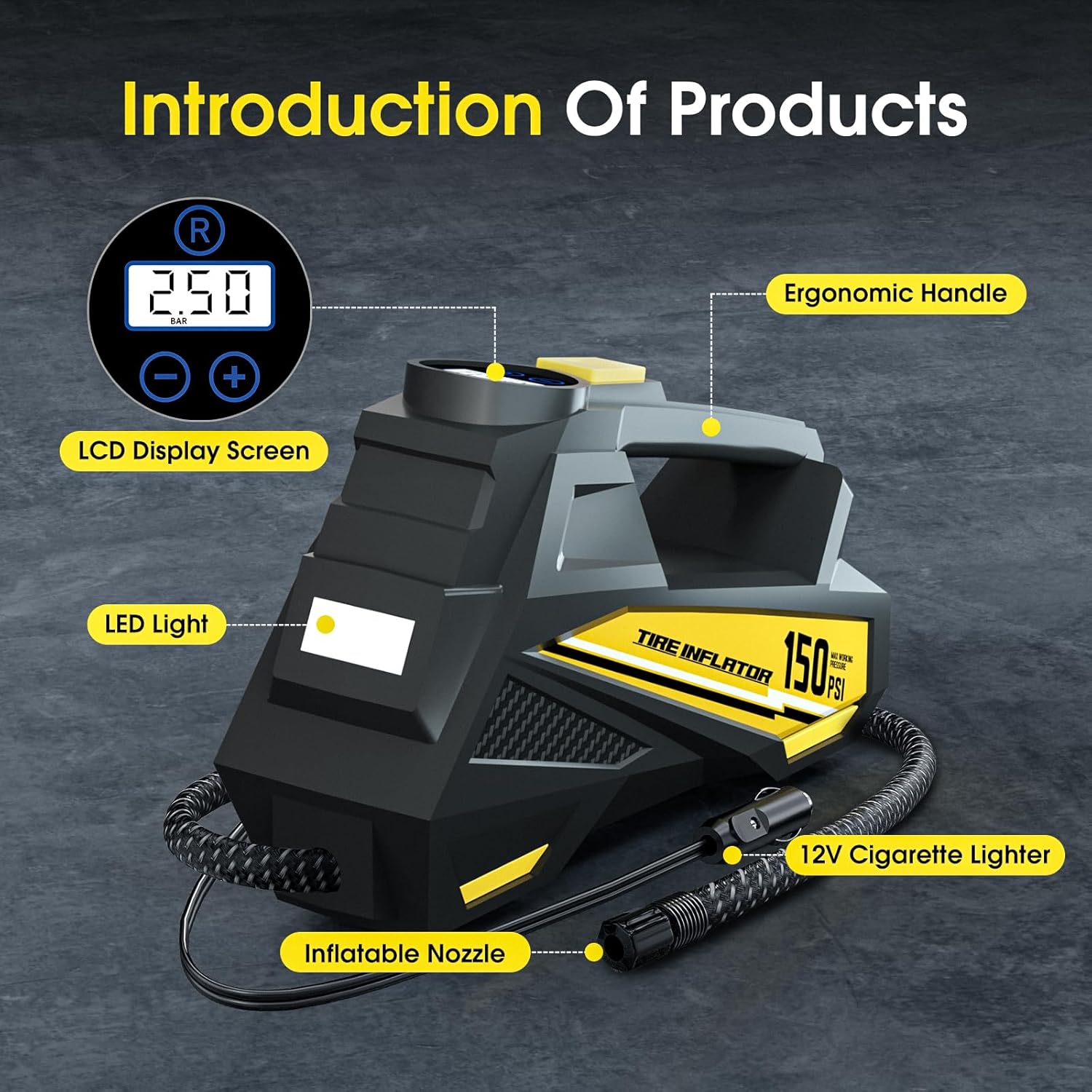 FLYKID Tyre Inflator Air Compressor 12V DC - Car Tyre Pump 150 PSI with 3 Nozzle Adaptors & LED Emergency Light for Cars, Bicycles & Sports Equipment Preset Tire Pressure & Auto Shutoff