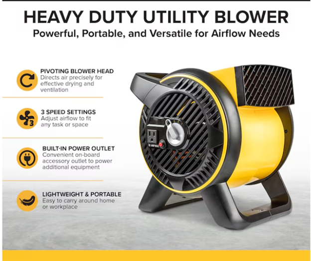 Heavy Duty Utility Blower, 12-inch, 3 Speed Portable Floor Fan with Outlet & Pivoting Head