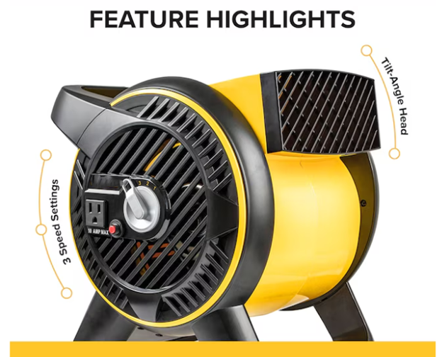 Heavy Duty Utility Blower, 12-inch, 3 Speed Portable Floor Fan with Outlet & Pivoting Head