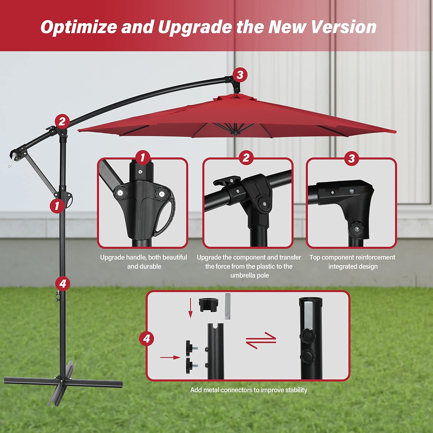 Yssoa 10ft Offset Umbrella Cantilever Patio Hanging Umbrella Outdoor Market Umbrella with Crank & Cross Base Suitable for Garden, Lawn, backyard and Deck, Red