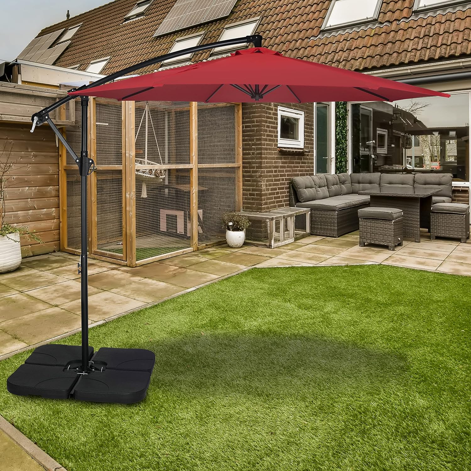 Yssoa 10ft Offset Umbrella Cantilever Patio Hanging Umbrella Outdoor Market Umbrella with Crank & Cross Base Suitable for Garden, Lawn, backyard and Deck, Red
