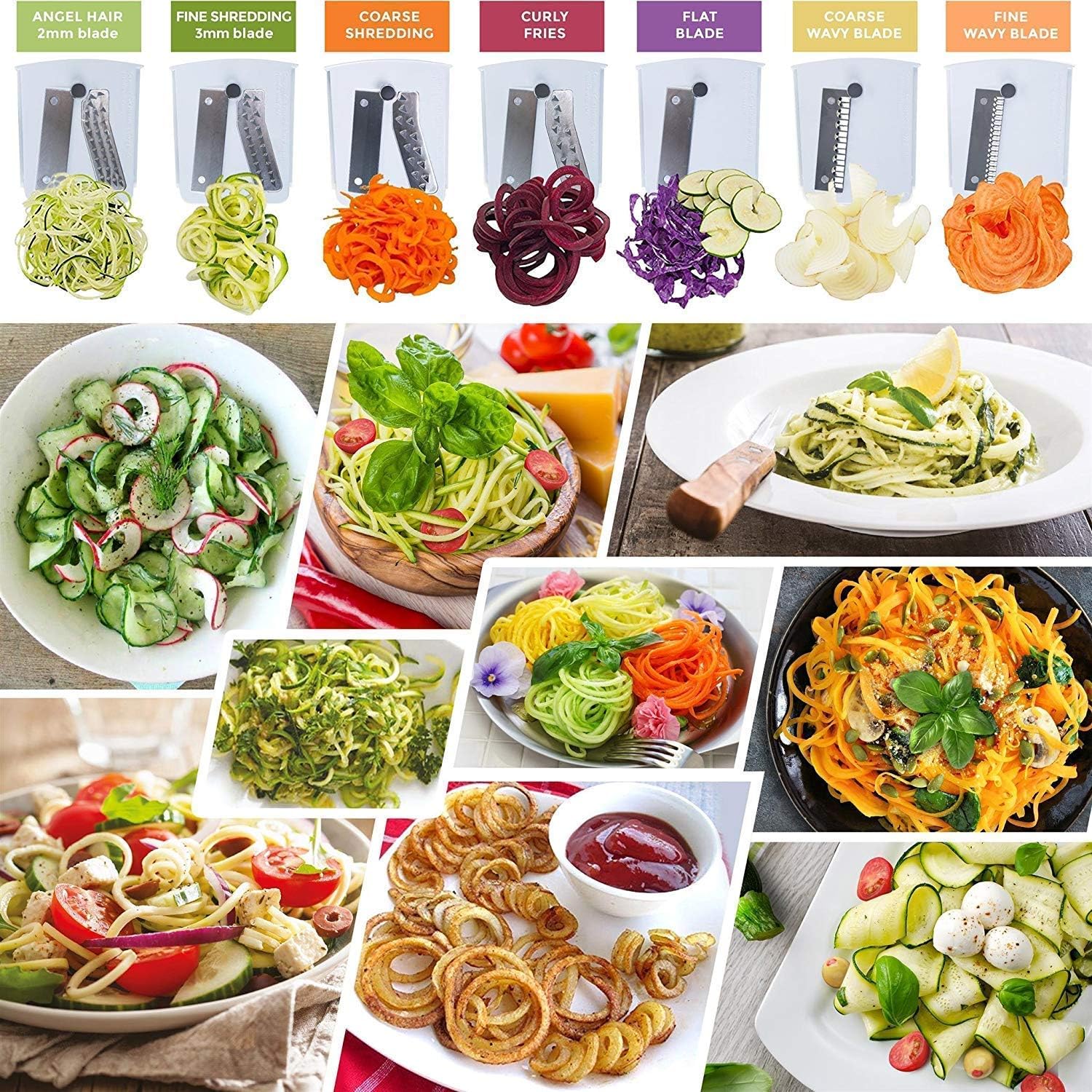 Spiralizer 7-Blade Vegetable Slicer, Strongest-and-Heaviest Spiral Slicer, Best Veggie Pasta Spaghetti Maker for Keto/Paleo/Non-Gluten, Comes with 4 Recipe Ebooks White - 7 Blade