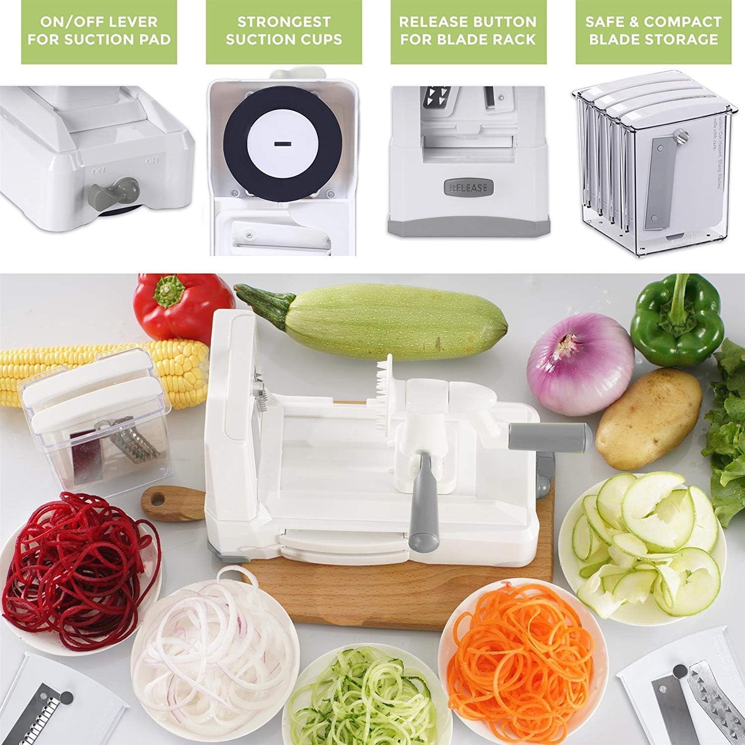 Spiralizer 7-Blade Vegetable Slicer, Strongest-and-Heaviest Spiral Slicer, Best Veggie Pasta Spaghetti Maker for Keto/Paleo/Non-Gluten, Comes with 4 Recipe Ebooks White - 7 Blade