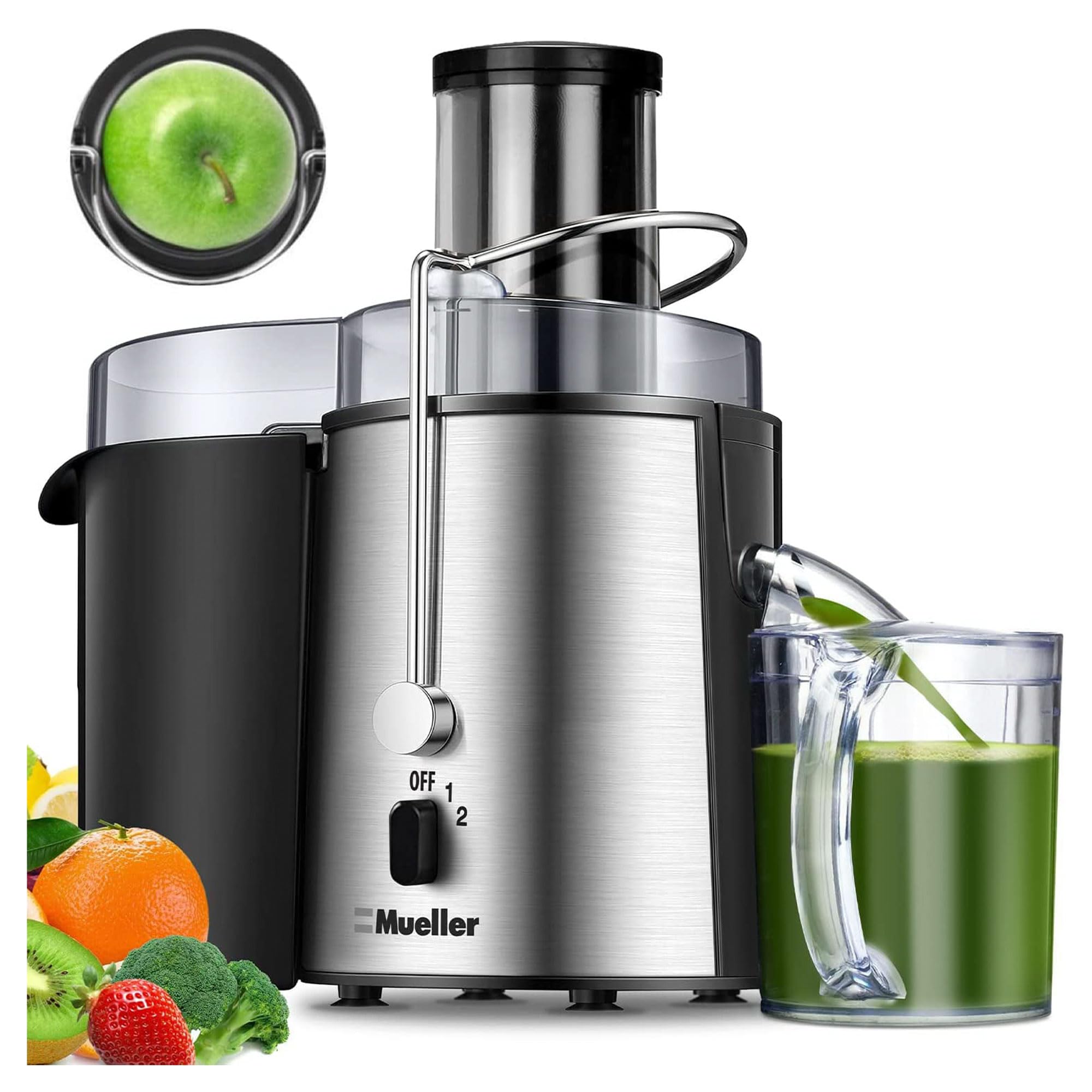 Mueller Juicer Ultra Power, Easy Clean Extractor Press Centrifugal Juicing Machine, Wide 3" Feed Chute for Whole Fruit Vegetable, Anti-drip, Silver