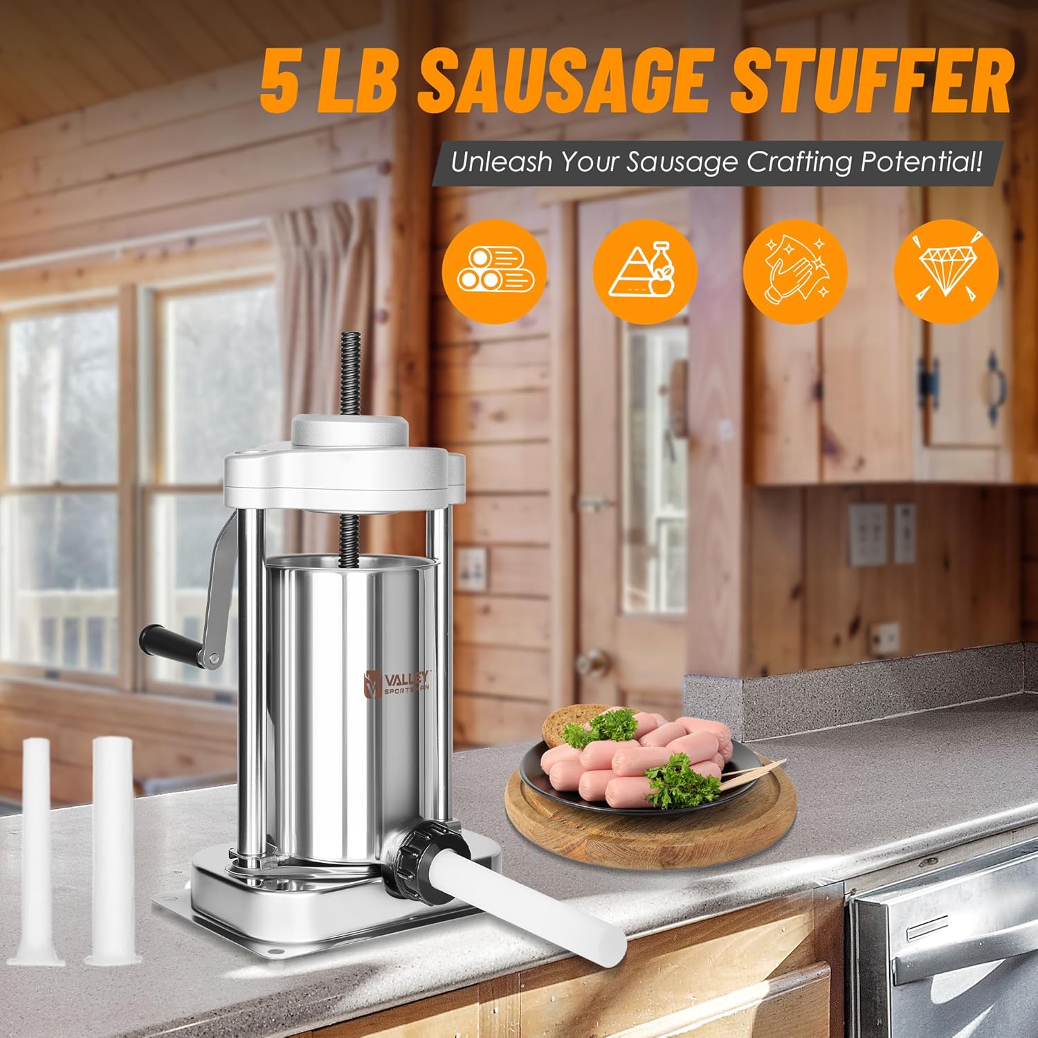 Sausage Stuffer Manual, 5 lbs Capacity Stainless Steel Vertical Sausage Maker with Plastic 3 Stuffing Tubes, Sausage Filling Machine for Home Kitchen Restaurant Commercial, Silver