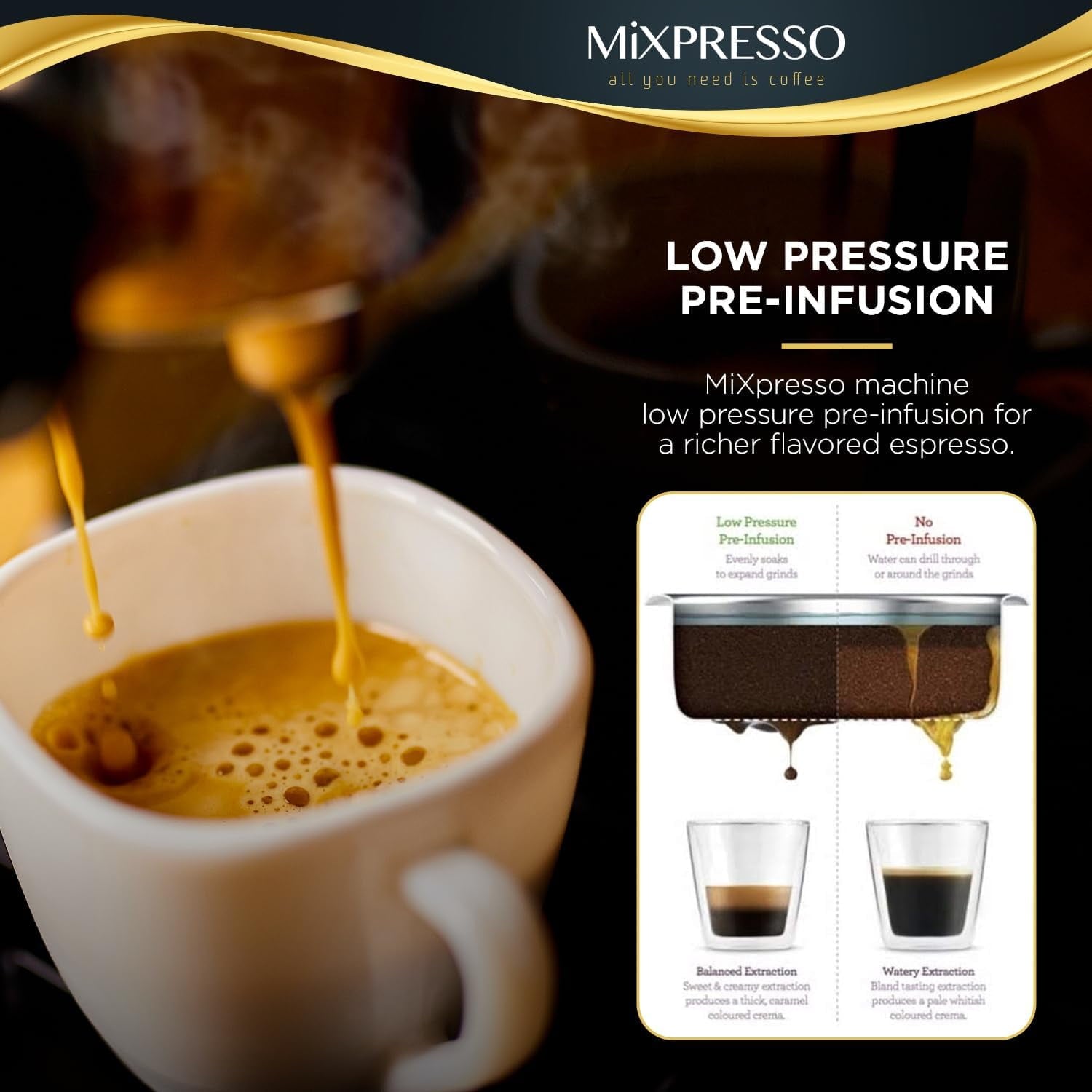 Mixpresso Professional Espresso Machine for Home 15 Bar with Milk Frother Steam Wand, Espresso Maker with Double-Cup Splitter 1450w Fast Heating, Cappuccino and Latte machine 37Oz Water Tank (Gold/Black)