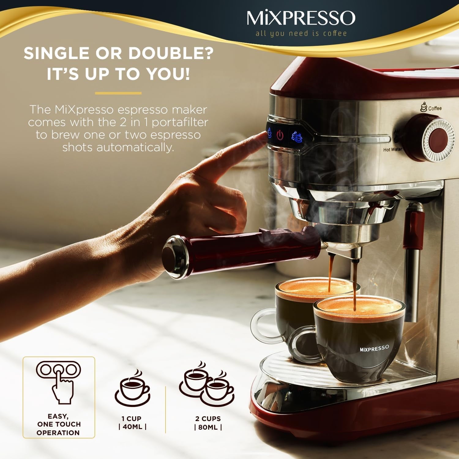 Mixpresso Professional Espresso Machine for Home 15 Bar with Milk Frother Steam Wand, Espresso Maker with Double-Cup Splitter 1450w Fast Heating, Cappuccino and Latte machine 37Oz Water Tank (Gold/Black)
