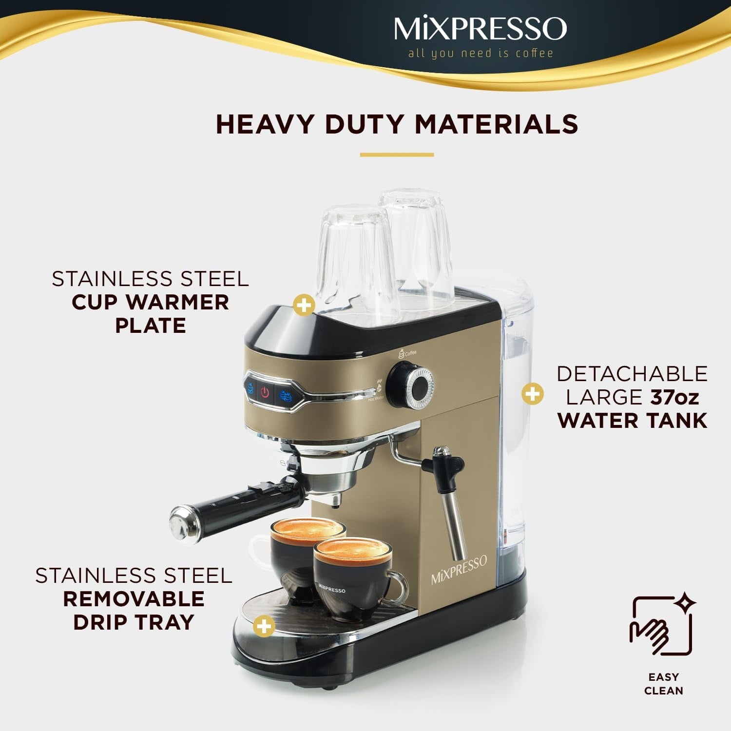 Mixpresso Professional Espresso Machine for Home 15 Bar with Milk Frother Steam Wand, Espresso Maker with Double-Cup Splitter 1450w Fast Heating, Cappuccino and Latte machine 37Oz Water Tank (Gold/Black)