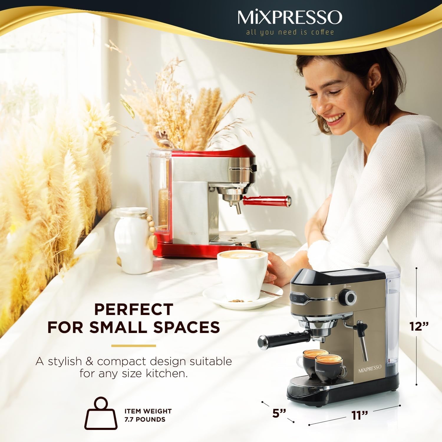 Mixpresso Professional Espresso Machine for Home 15 Bar with Milk Frother Steam Wand, Espresso Maker with Double-Cup Splitter 1450w Fast Heating, Cappuccino and Latte machine 37Oz Water Tank (Gold/Black)