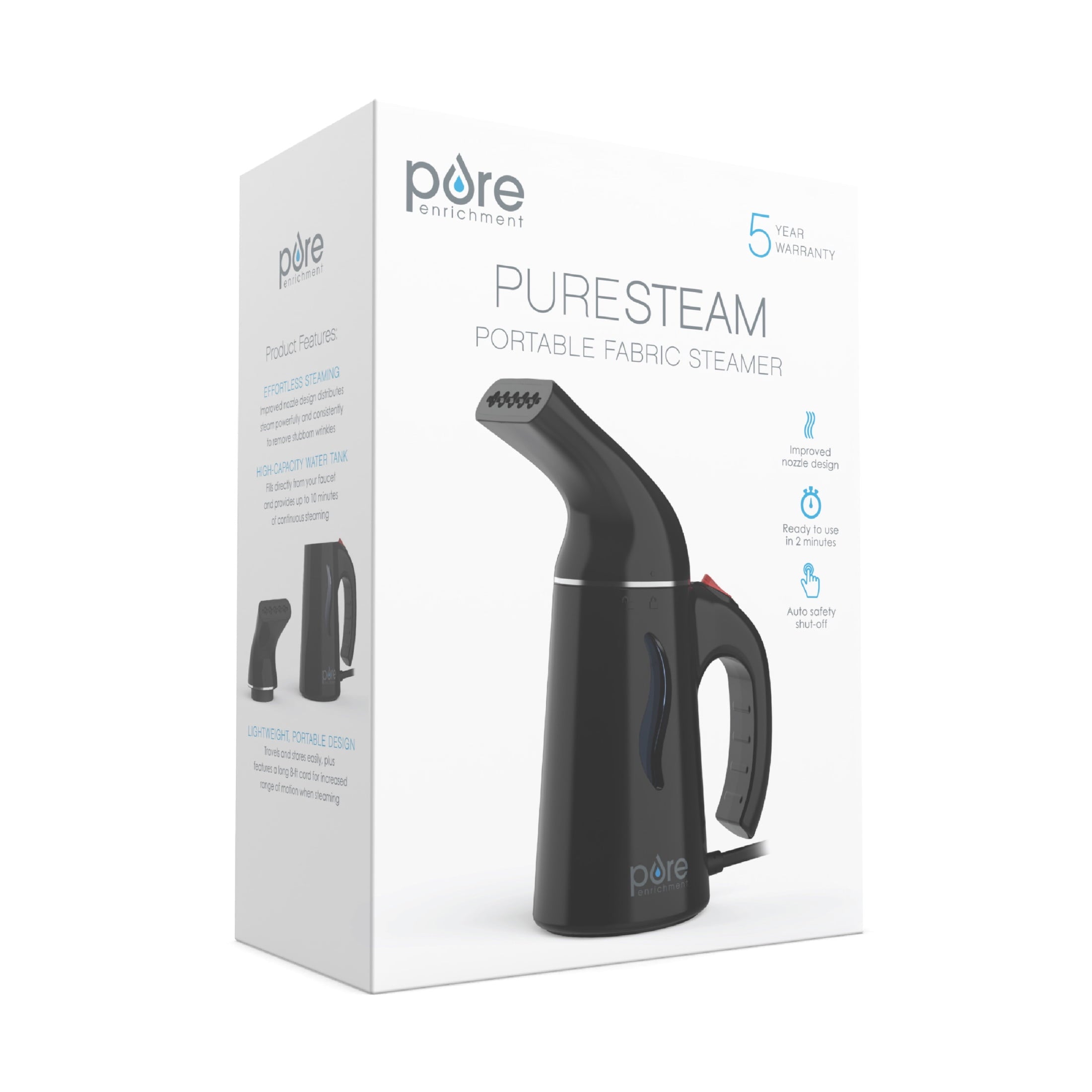 Pure Enrichment PureSteam Portable Fabric Steamer - Handheld Travel Garment Steamer Removes Wrinkles & is Safe on All Fabrics - Fast-Heating, Lightweight, Auto Safety Shut-Off, & Long Cord (Black)