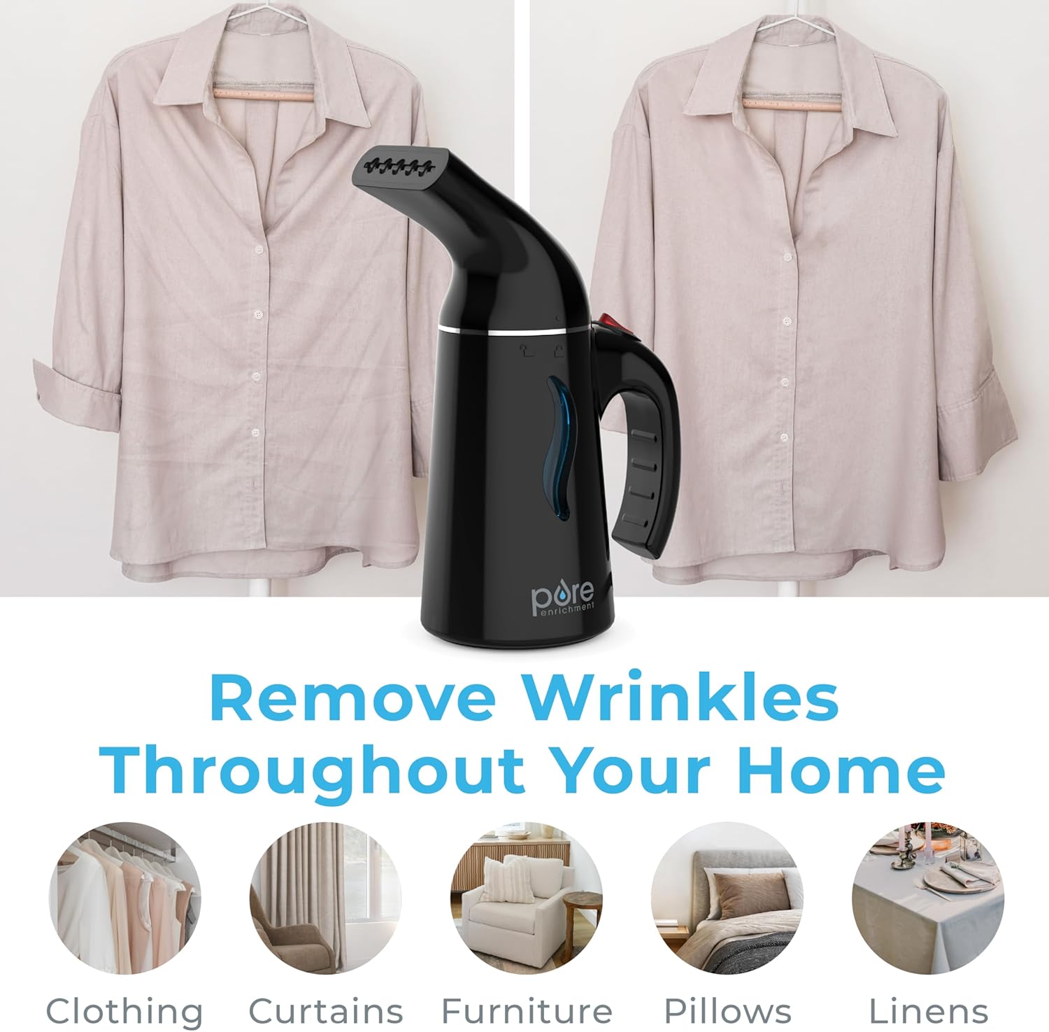 Pure Enrichment PureSteam Portable Fabric Steamer - Handheld Travel Garment Steamer Removes Wrinkles & is Safe on All Fabrics - Fast-Heating, Lightweight, Auto Safety Shut-Off, & Long Cord (Black)